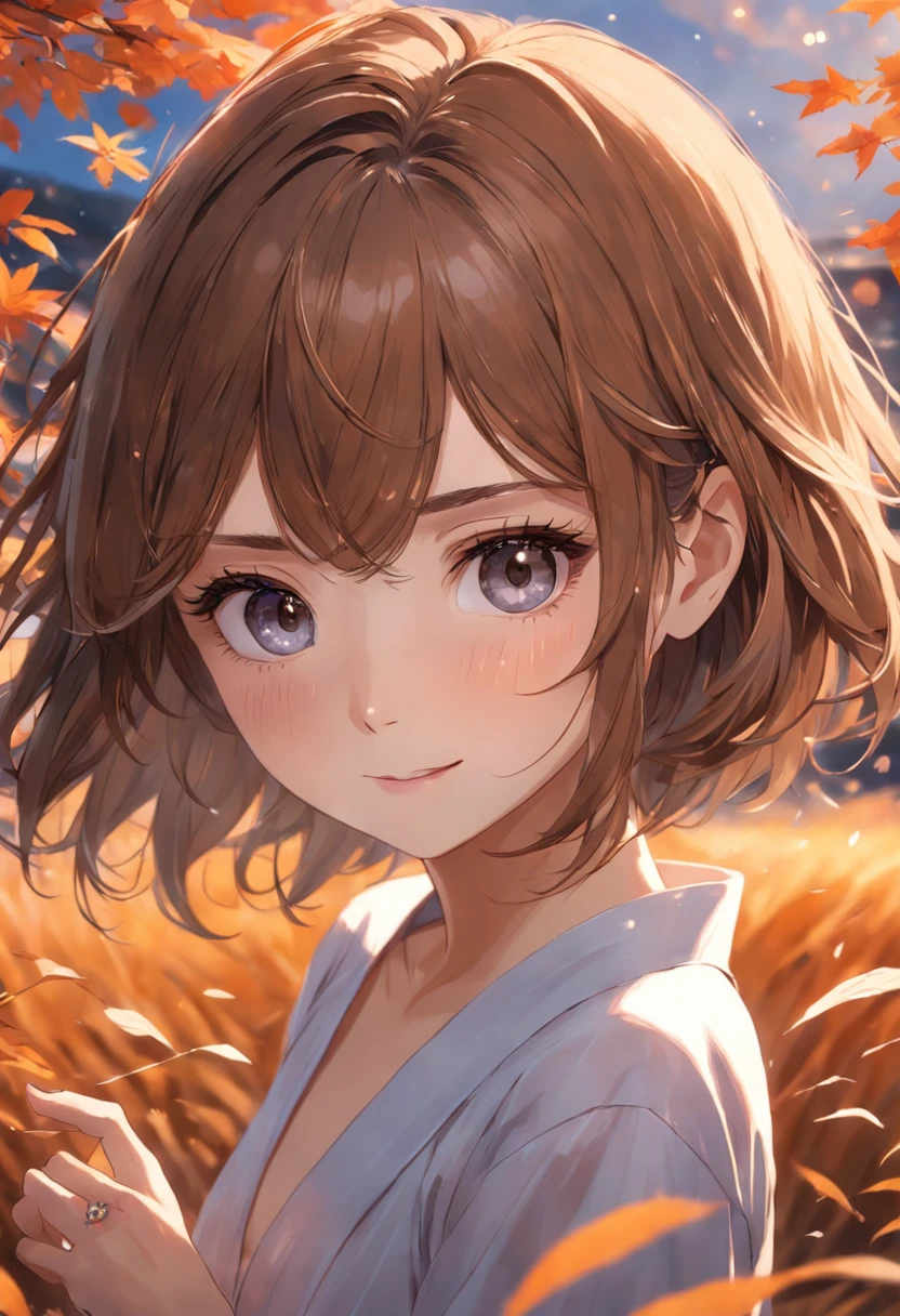 (RAW photo, Best quality), (Realistic, Photorealsitic:1.3), Masterpiece, Extremely delicate and beautiful, Soft light, (Brown hair, Short hair swaying in the wind, bangs), Beautiful detailed girl, (Detailed fingers), extremely detailed eye and face, Beautiful detailed nose, Beautiful detailed eyes, 1 girl, Japanese, Neat and clean beauty, Cute, Young, Smile, Dress shirt, Pants, (Half body:1.3), (Medium breasts), Realistic face, Realistic body, Outdoors,himawari,