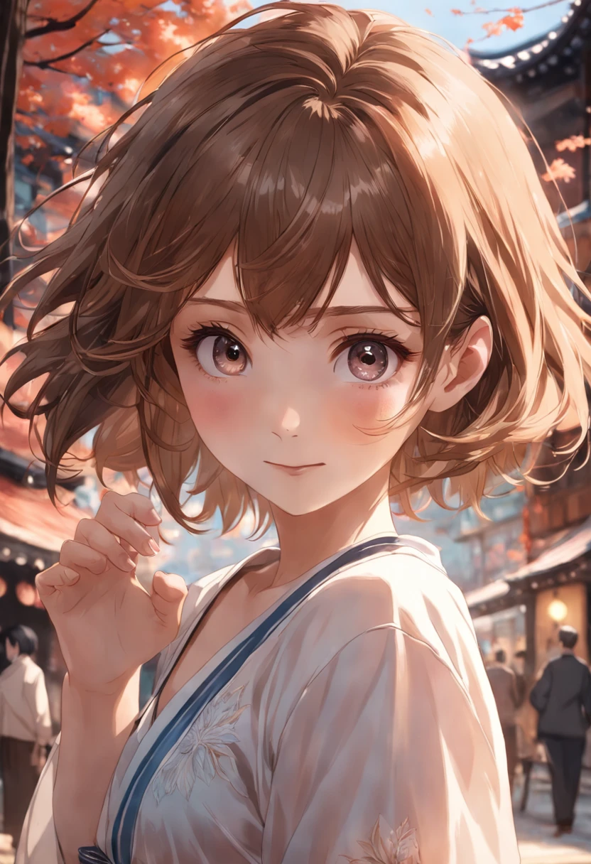 (RAW photo, Best quality), (Realistic, Photorealsitic:1.3), Masterpiece, Extremely delicate and beautiful, Soft light, (Brown hair, Short hair swaying in the wind, bangs), Beautiful detailed girl, (Detailed fingers), extremely detailed eye and face, Beautiful detailed nose, Beautiful detailed eyes, 1 girl, Japanese, Neat and clean beauty, Cute, Young, Smile, Dress shirt, Pants, (Half body:1.3), (Medium breasts), Realistic face, Realistic body, Outdoors，himawari，