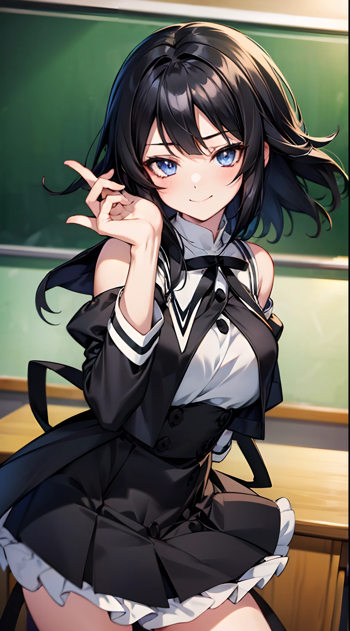 solo, (((anime girl with shoulder-length black hair))), (dark blue eyes), ((slight smile)), ((winking)), school uniform, skirt, ((classroom in background)), ((high quality)), (extremely detailed)