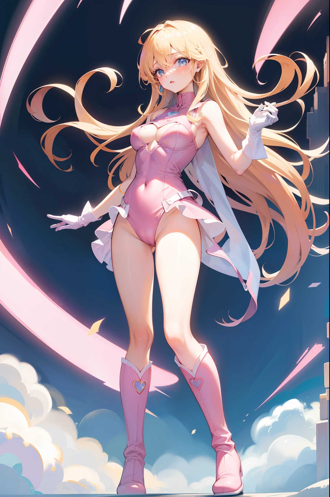 ((masterpiece)), ((best quality)), ((highres)), 1girl, solo, superhero, bare legs, ((matching boots, matching gloves)), sleeveless, looking at viewer, city backdrop, perfect hands, perfect eyes, perfect legs, perfect arms, perfect fingers, medium breasts, ((pink leotard)), standing, blonde hair, long hair, knee boots, blue eyes, heart cutout, cute face, hair down, bangs, cleavage cutout