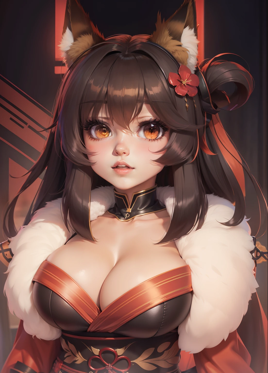 anime girl, foxy, long hair, big boobs, perfection, best quality 4k, woman, foxy ears, horns