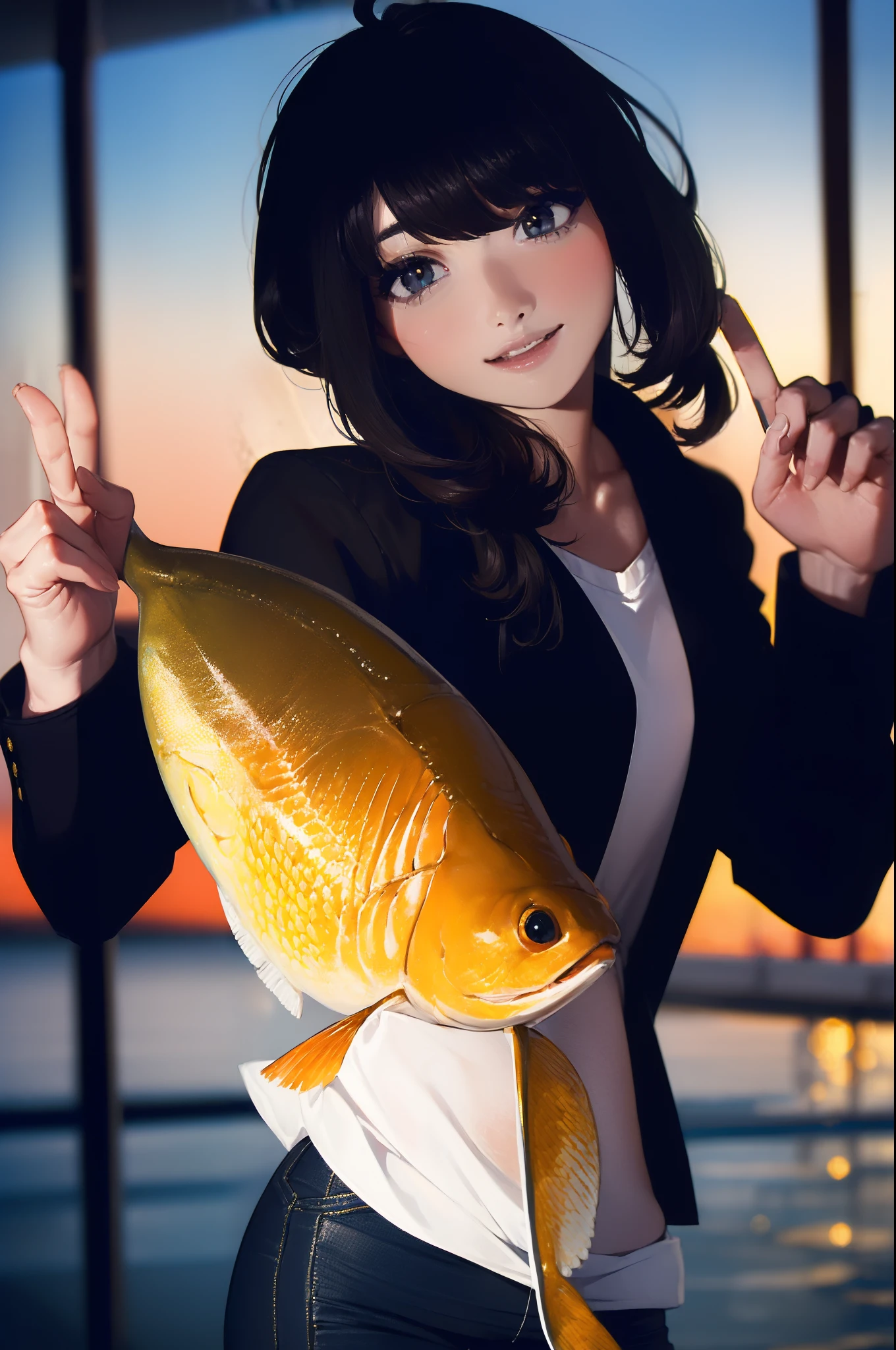 ((((catching a big fish by the lakeside:1.5)))),((Female 28 years old)),((Best Quality:1.5)),((((Hands with the correct number and structure of fingers:1.5)))),((Big fish:1.37)),hight resolution,ultra-detailliert,masterpiece,best qualtiy,(Eight-headed body),Black hair, long eyes-lashes, Solid Circle Eyes, drop shadow, Atmospheric perspective,Super Detail, ccurate, small brest,(Black jacket and black jeans :1.1),top-quality, blurry backround, bokeh dof:1.2, (masterpiece:1.3), Atmospheric perspective,Super Detail,dynamic compositions,