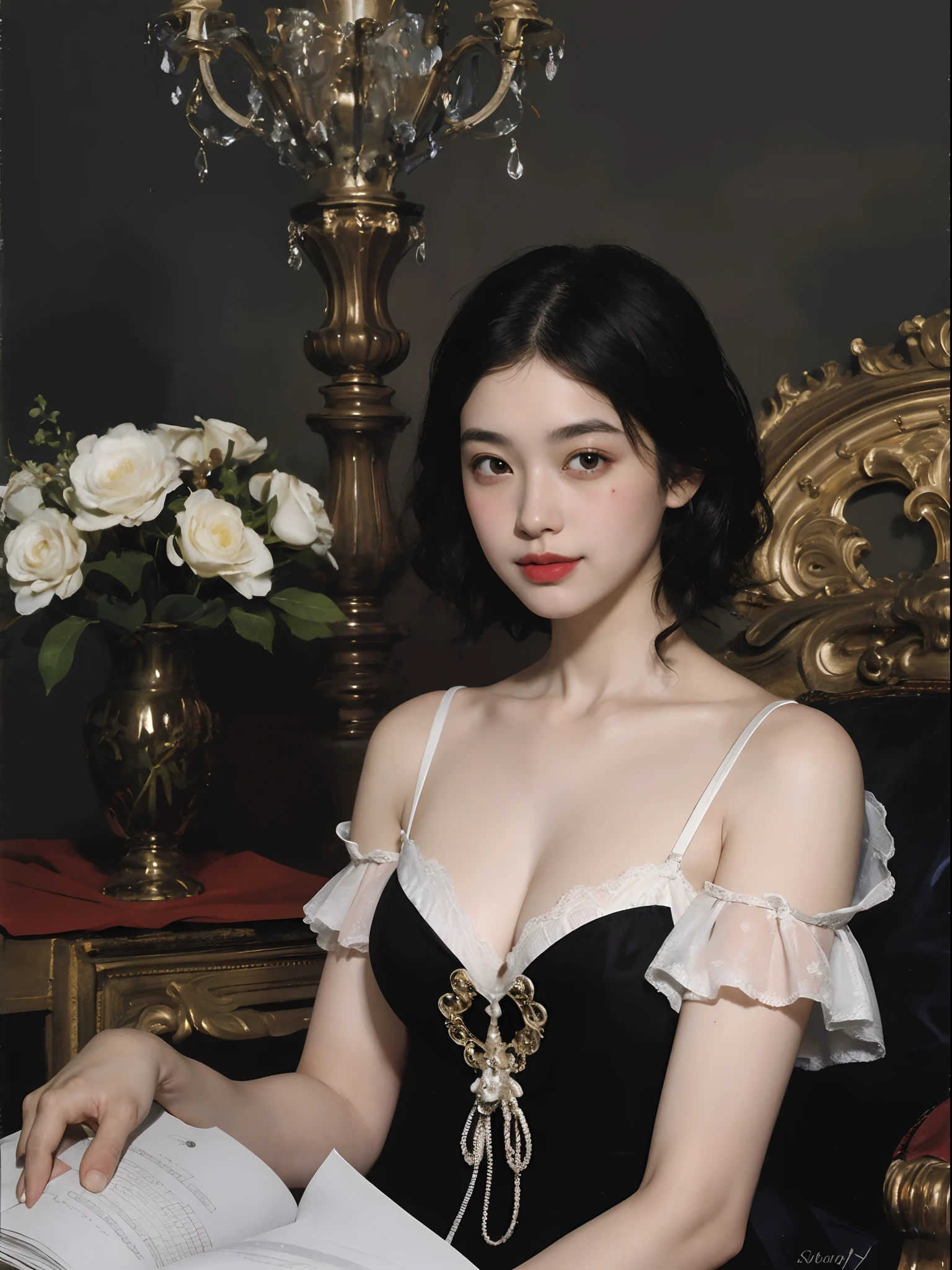 (Oil Painting: 1.5),

\\

(Oil Painting: 1.5), \\ Woman with short black hair, ((Luxurious room)),  (Amy Saul: 0.248), (Stanley Agar Liu: 0.106), (detailed paintings: 0.353), (Gothic art: 0.106), vases, florals, (((A slight smil)))