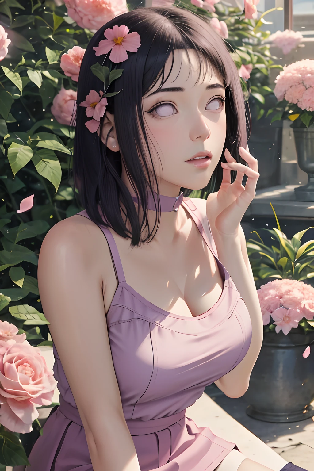 masterpiece, absurdres, hinata\(boruto\), 1girl, solo,mature female, spaghetti strap top, high waist short skirt, looking at viewer, (falling petals), perfect composition, detailed lips, big breast, beautiful face, body propotion, blush, (pink lips), long hair,  purple eyes,  soft gaze,  super realistic, detailed, photoshoot, realistic face and body, thighhighs