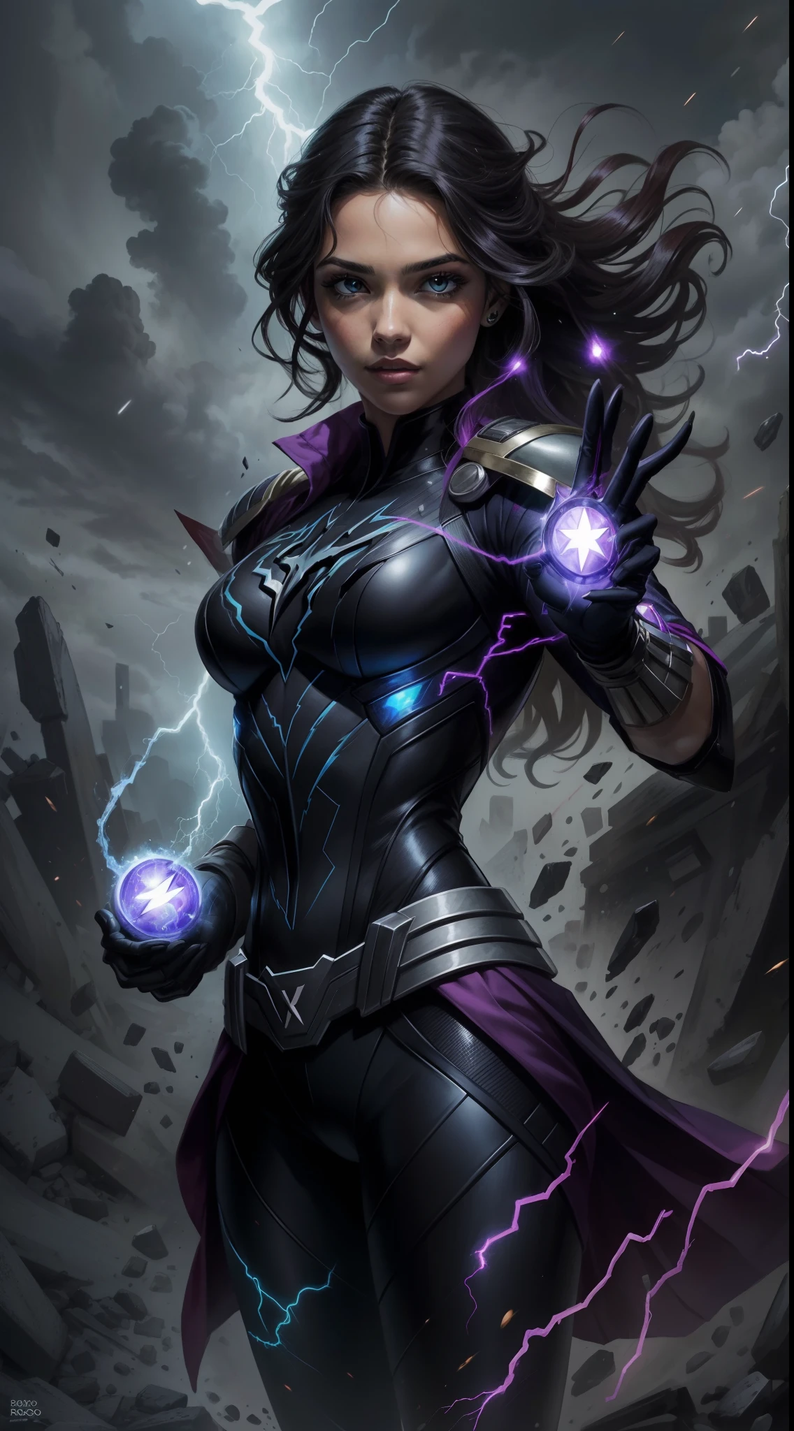 Mulher negra, tempestade dos X-men, Lightning in the hands, uniforme simbionte, venom, mostrando o rosto, cabelo todo branco, saia, seios pequenos, raios pelos olhos