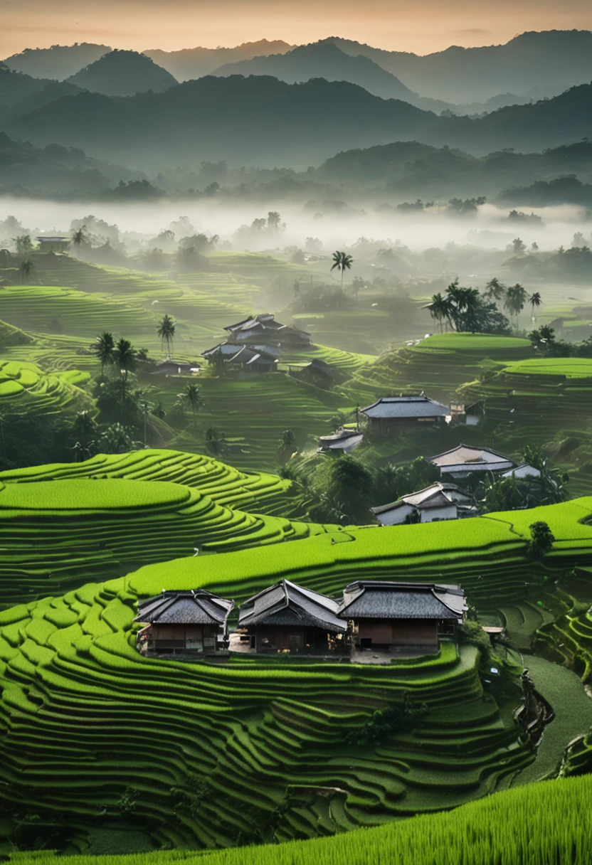 Large expanses of terraced fields, mountains, huts, with rice fields, rice fields, neat rice seedlings in the fields, misty rain, villages, agriculture, in the tranquil landscape, misty weather, in the vast tranquil landscape, in the early morning, in the morning mist, behind a small village, mist, Japanese countryside, thatched roofs --v 6