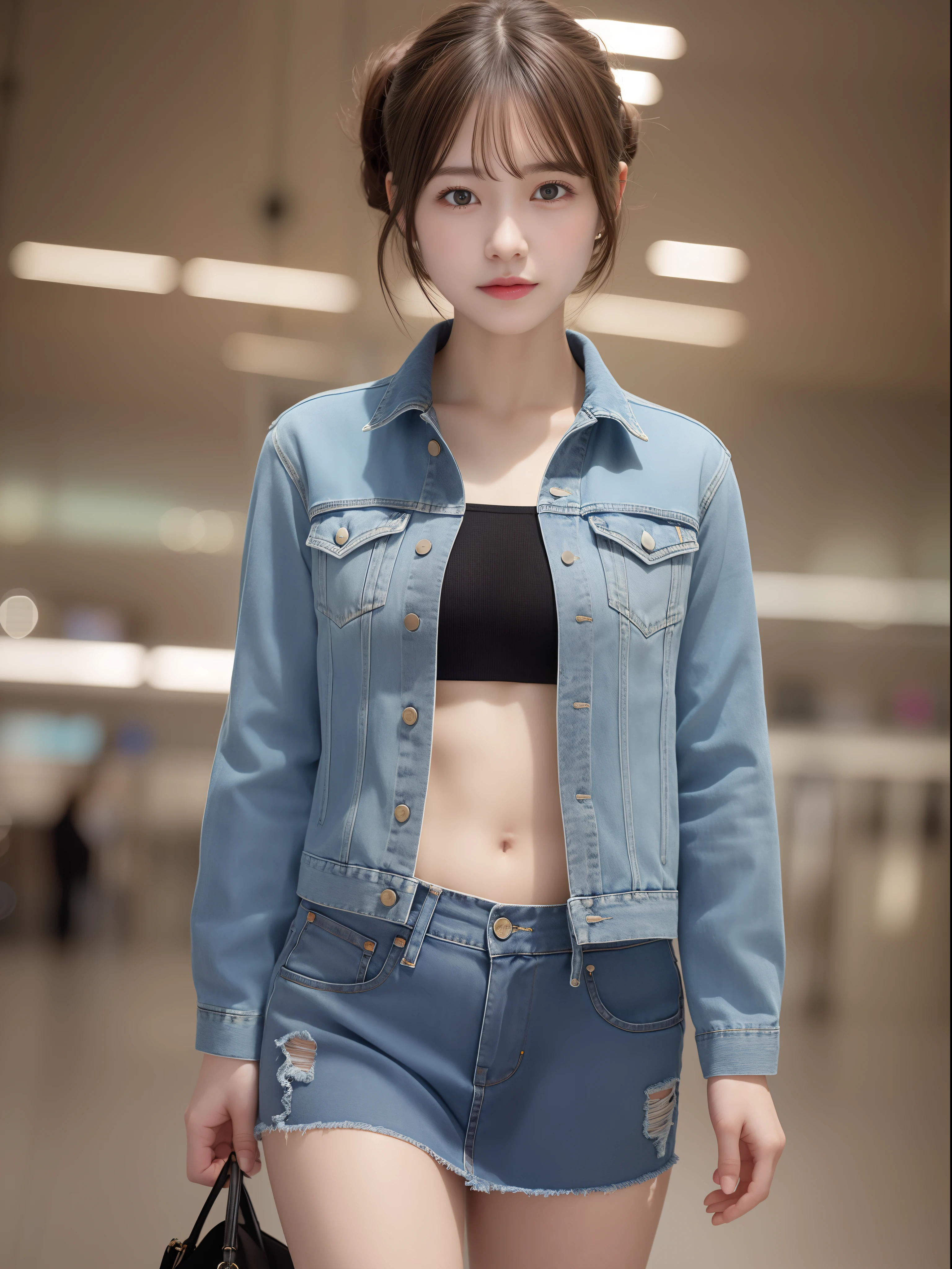 nffsw, retinas, masutepiece, ccurate, Anatomically correct, Textured skin, 
Super Detail, high details, High quality, Best Quality, hight resolution, 8K, 
( Photorealistic ), Symmetrical, Cinematic Light,

Model, 1girl in, 1 face,
At the airport、((Woman in denim jacket and denim miniskirt))、
{ Full body shot:0.3 | Full body shot:0.8 }、

Smaller chest:1.1 , Small butt:1.4 ,
{ bob cuts | half updo },
( extra detailed face:1.2 ), Green eyes,((Undersized nose))、
{ Smile | Serious }, 25 years old,