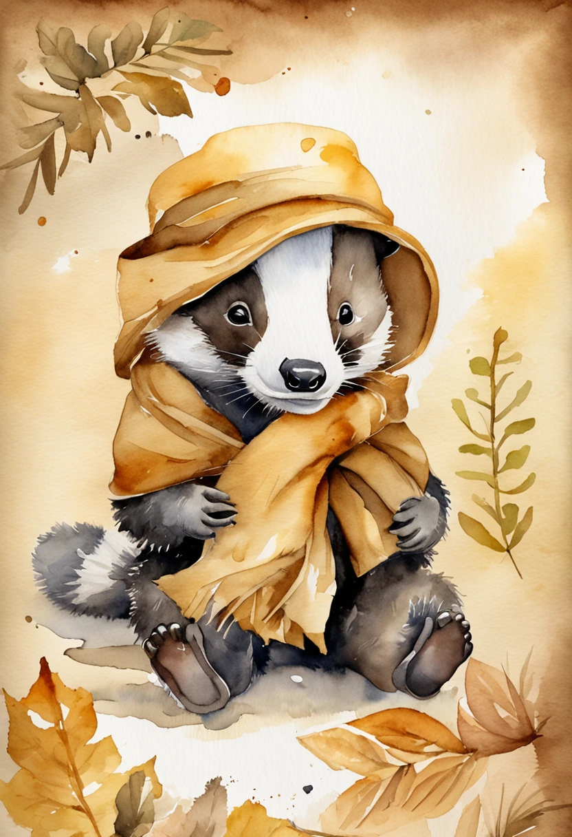 Create a picture of a badger, He's wearing a Hufflepuff scarf and a brown selector hat that's covering one of his eyes
