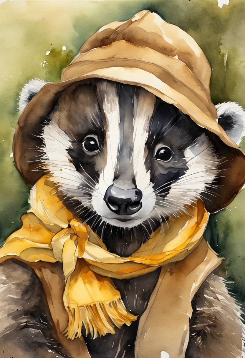 Create a picture of a badger, He's wearing a Hufflepuff scarf and a brown selector hat that's covering one of his eyes