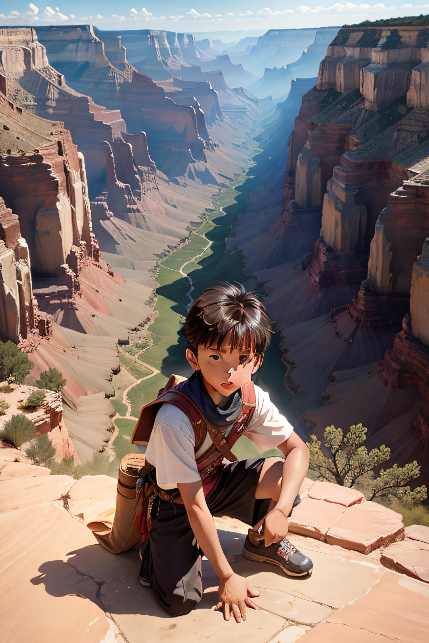 In a grand canyon, a boy kneels with one hand, cracked ground at his feet, mountains behind him, sky in the distance, and a lot of sword qi around him