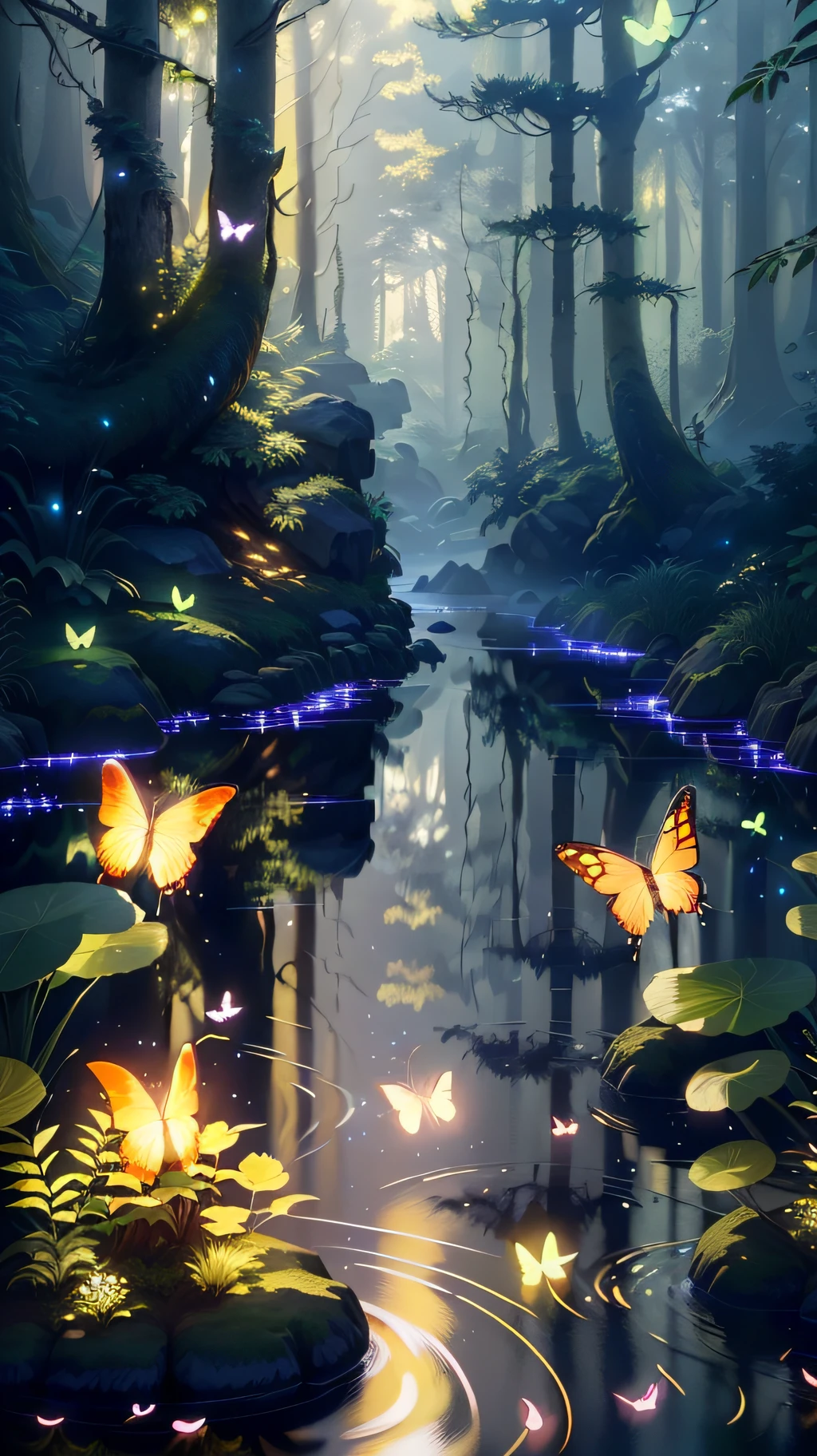 A masterpiece, the best quality, stunning reflections, the best reflections ever. (very detailed CG unity 8k wallpapers), (best quality), (best illustrations), (best shadows), forest theme with natural elements. Tall trees, quiet streams, small glowing mushrooms surrounded by delicate leaves and branches, with fireflies and glowing particle effects,, (natural elements), (jungle theme), (leaves), (twigs), (fireflies), butterflies, (delicate leaves), (glow), (particle effects). , Isometric 3D, Octane Rendering, Ray Traced, Super Detailed