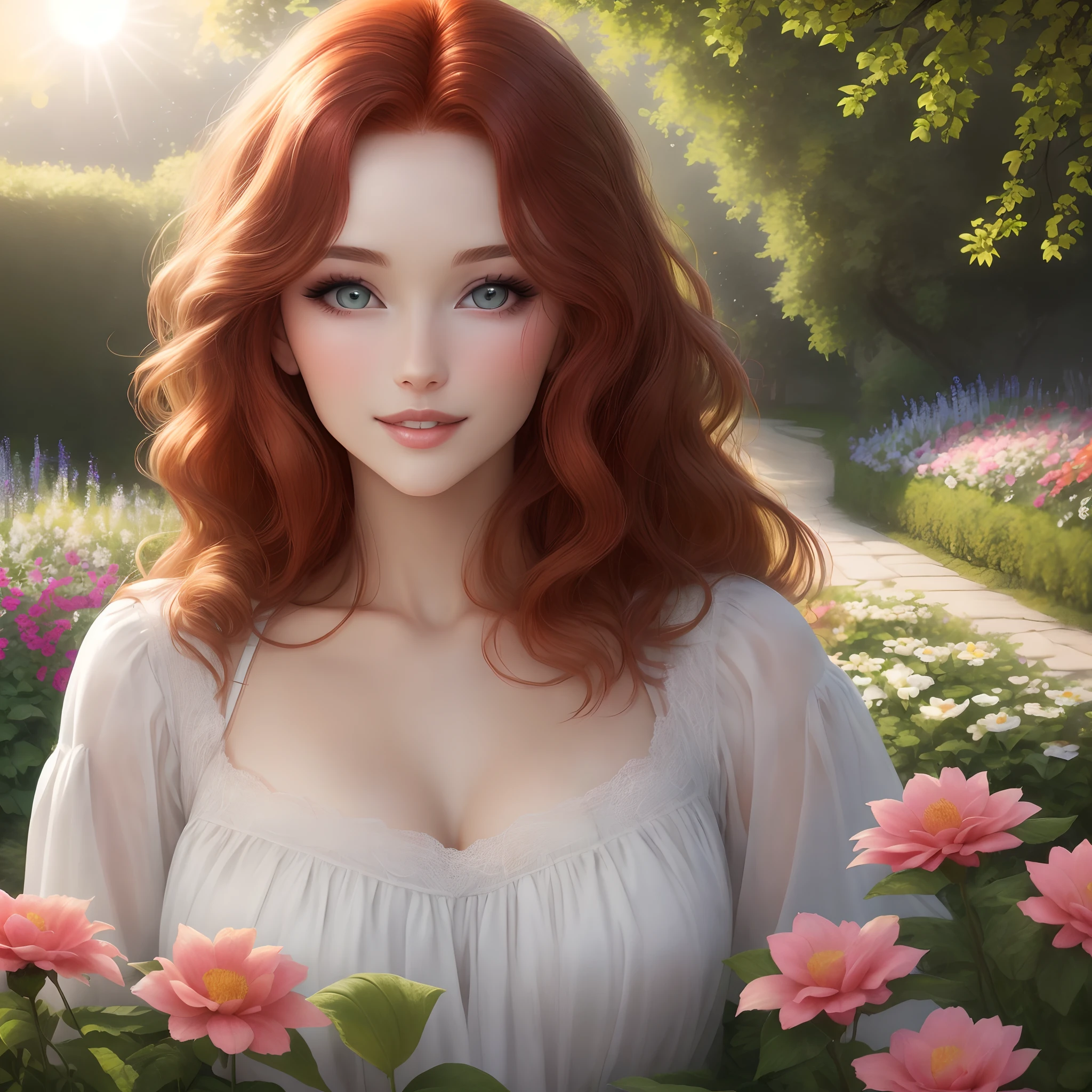 redhead woman with straight and wavy hair, with light eyes, extremely beautiful, perfect face, skin with an exceptionally perfect and wonderful texture, the most beautiful and perfect face in the world, in a large garden with flowers and with a beautiful and colorful sun, a scene impeccable beauty with a setting worthy of mastery of perfect and beautiful how beautiful woman is.