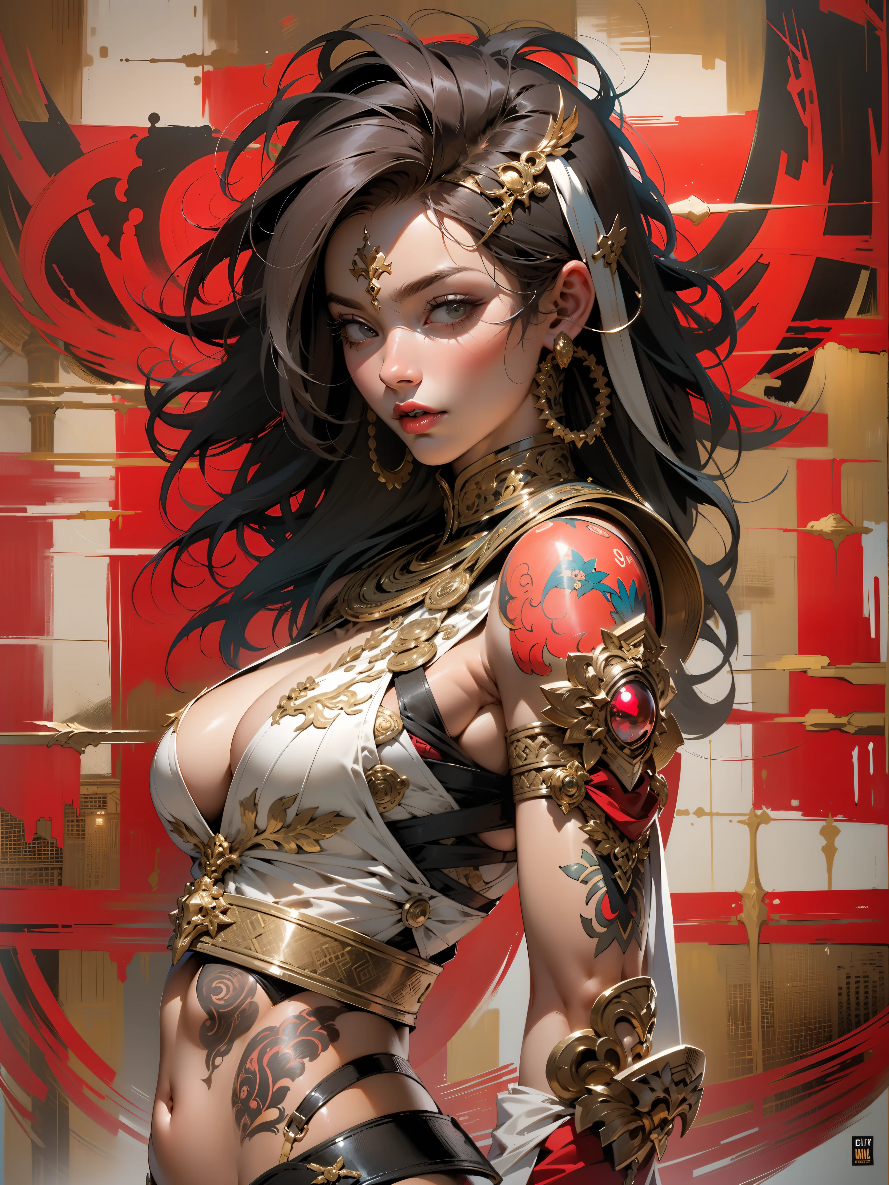 (((mulher))), (((melhor qualidade))), (((obra prima))), (((adulta))), Uma guerreira mulher de 35 anos com corpo perfeito, Brooklyn Gladiators, (( under boobs )), quase nua no estilo selvagem urbano de Simon Bisley para a capa da revista Heavy Metal, cabelo loiro, Minimum clothing, red and white checkered pattern, armadura, cheio de pontas e rebites, tatuagem tribal, (((do joelho pra cima))), cabelo desalinhado