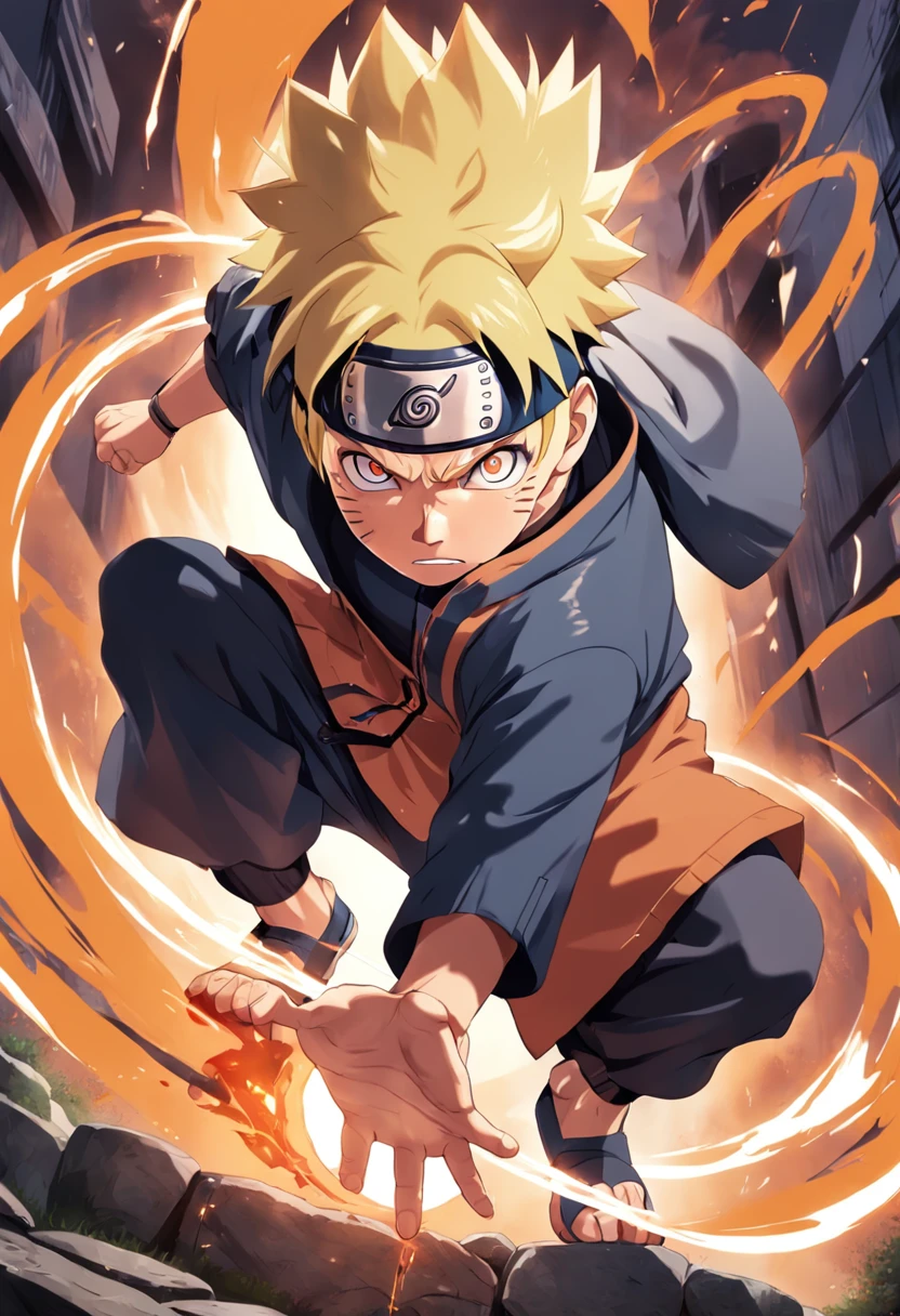 An incredibly detailed illustration of Naruto Uzumaki using his rasengan technique, Combat Position, corpo inteiro, incredible details, sombras perfeitas, Dynamic background, estilo de desenho hiper-realista.