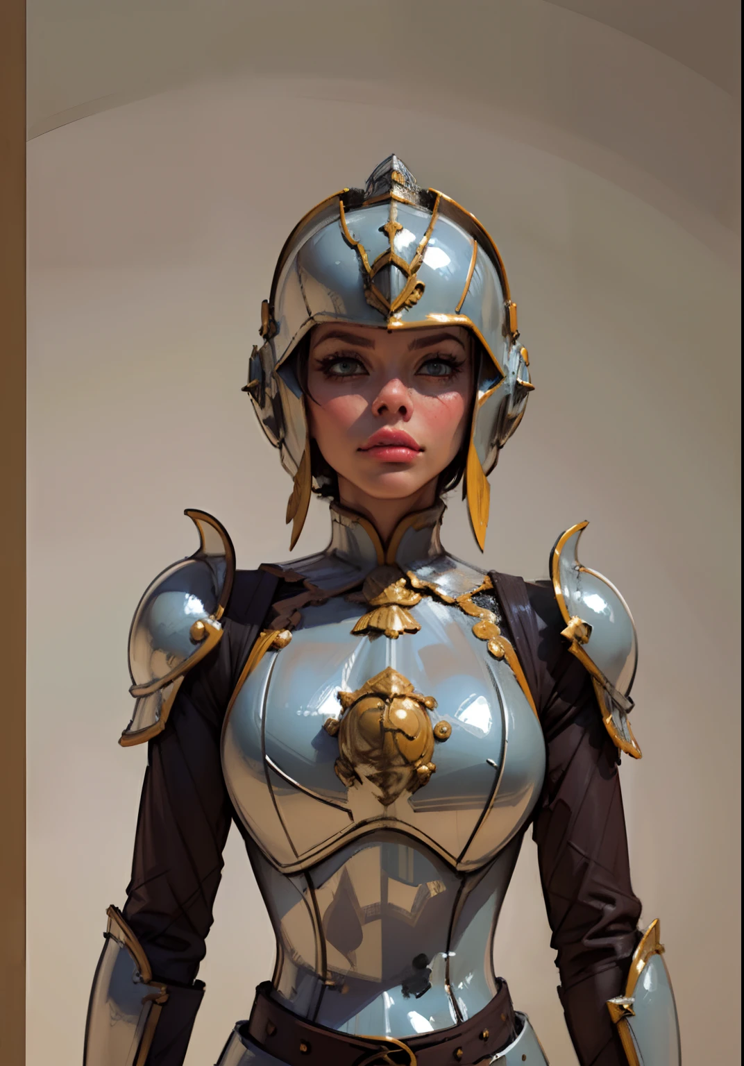 Gray clay style,(masterpiece, best quality), Grayscale,a woman in armor, full armor,helmet,armor,extra arms,breastplate, dark brown skin tone, platinum blonde hair, hair under helmet, pixiecut, dainty, slim helmet, perfect face, pretty face, lush detail,