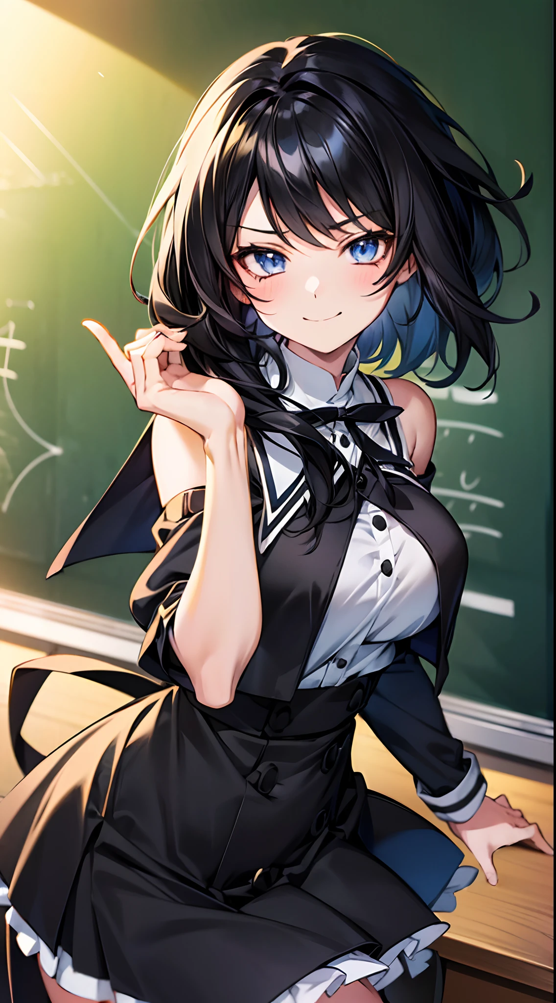 solo, (((anime girl with shoulder-length black hair))), (dark blue eyes), ((slight smile)), ((winking)), school uniform, skirt, ((classroom in background)), ((high quality)), (extremely detailed)