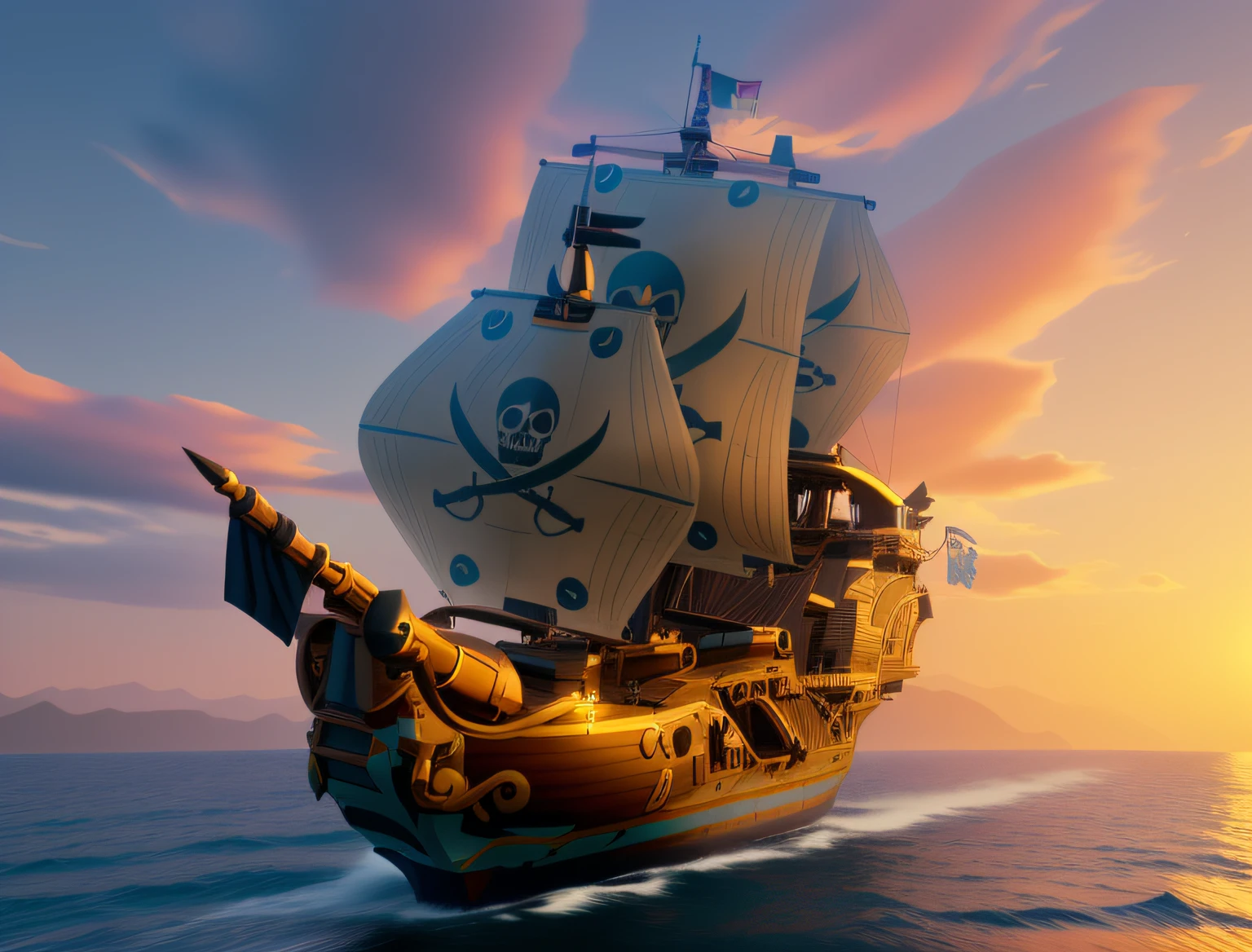 There is a pirate ship,It has a skull and crossbones, Pirate ship, old pirate ship, pirate ships, pirate, swashbuckler class pirate, a pirate, an impossibly huge pirate ship, Skeleton on a pirate ship, 《Sea of Thieves》styled, very very highly detailed, rendered in keyshot, arcane style viking battleship, low poly render