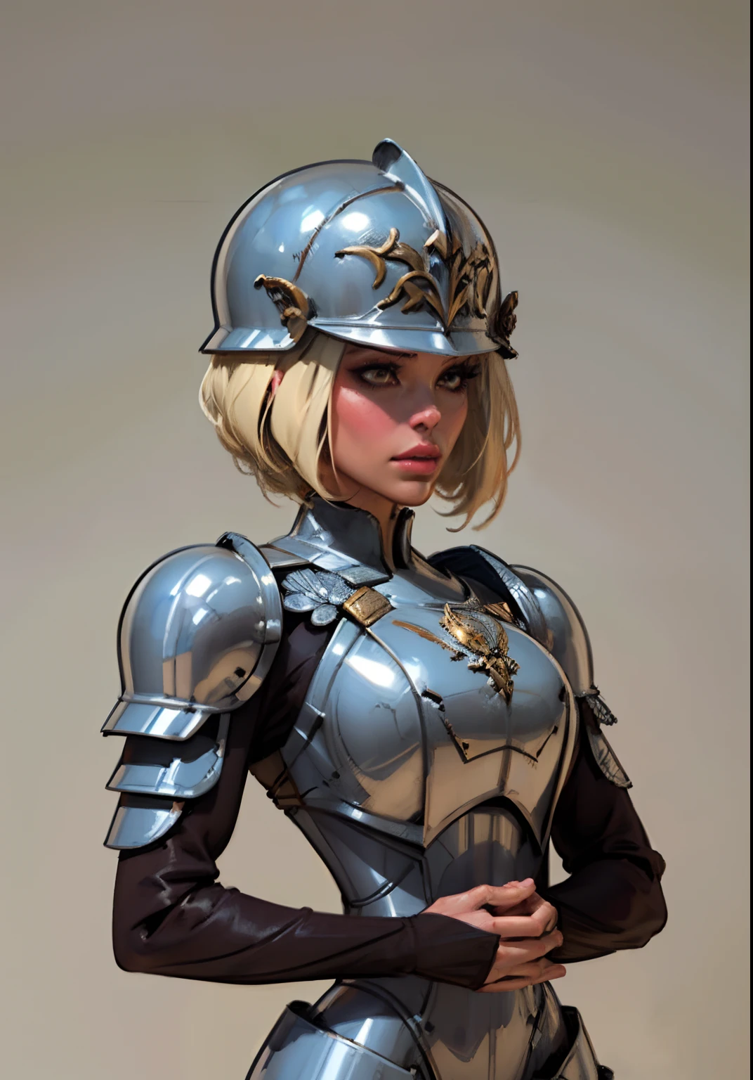 Gray clay style,(masterpiece, best quality), Grayscale,a woman in armor, full armor,helmet,armor,extra arms,breastplate, dark brown skin tone, platinum blonde hair, hair under helmet, pixiecut, dainty, slim helmet, perfect face, pretty face, lush detail,