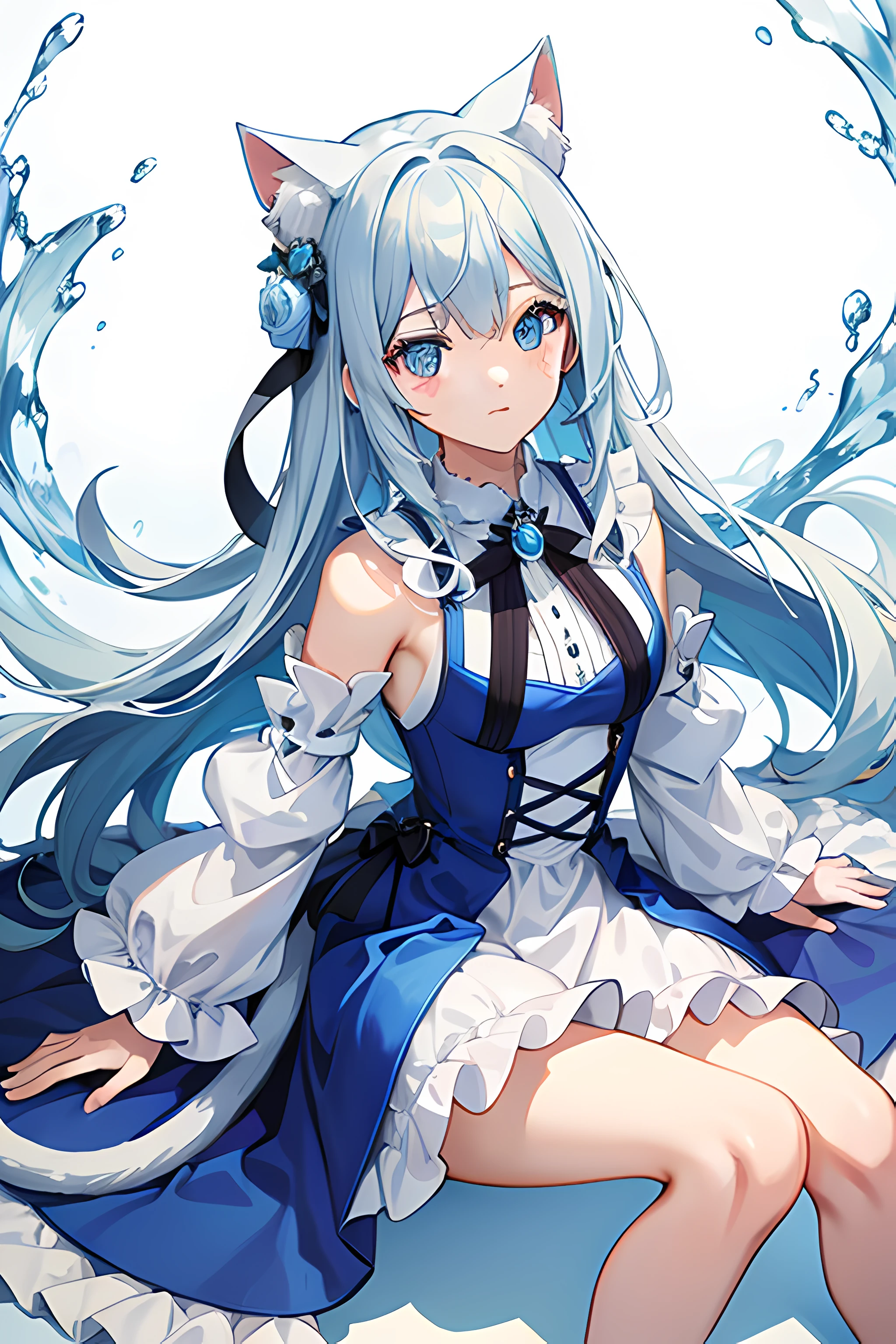 Two-dimensional anime style，(Cute and mature:1.2)，(seaview:1.1)，(skin detailed:1.2)，(whaite hair:1.3)+Deep blue pupils，(white stockings:1.1)，(shy:1.1)