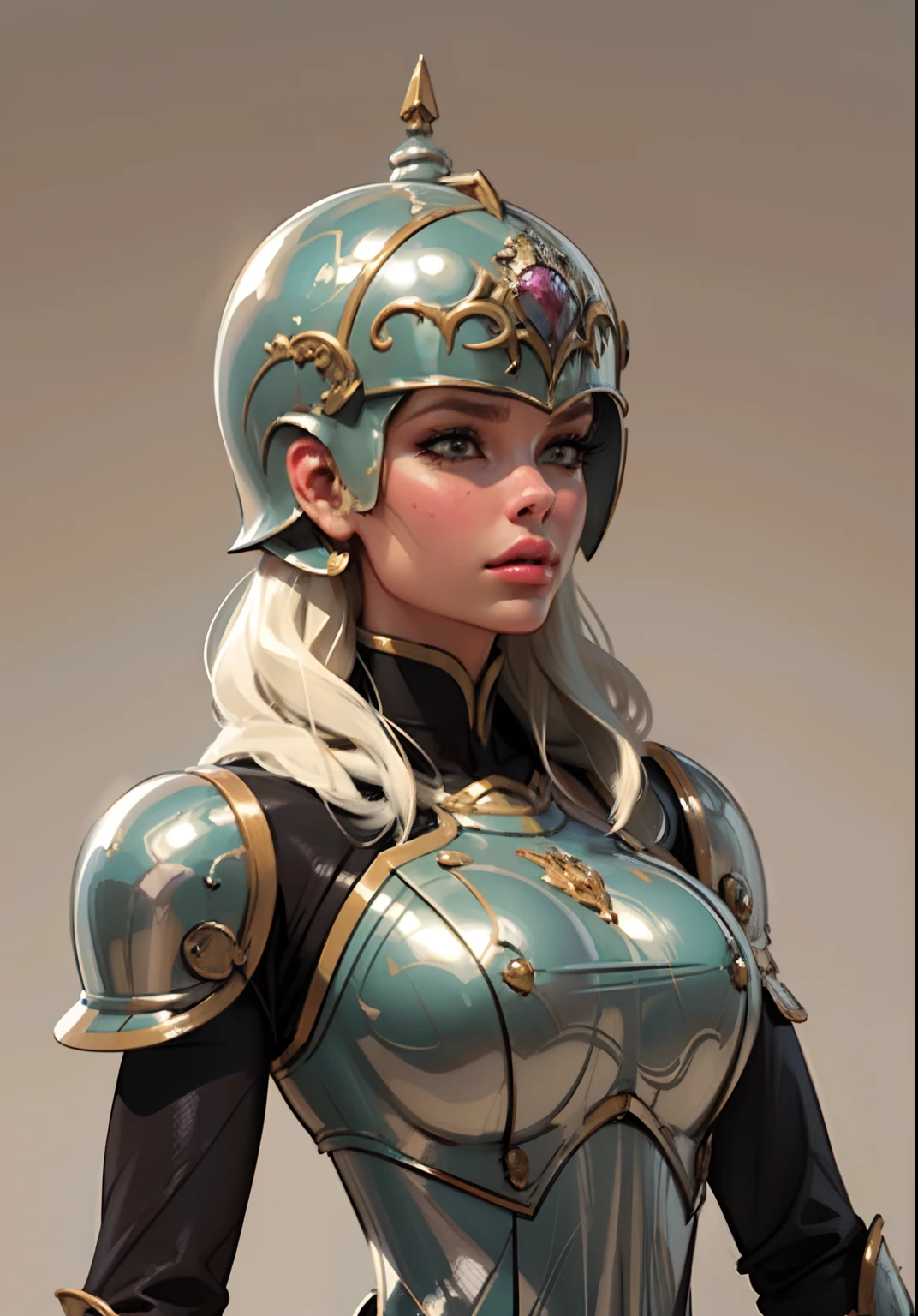 Gray clay style,(masterpiece, best quality), Grayscale,a woman in armor, full armor,helmet,armor,extra arms,breastplate, dark brown skin tone, platinum blonde hair, hair under helmet, pixiecut, dainty, slim helmet, perfect face, pretty face, lush detail,