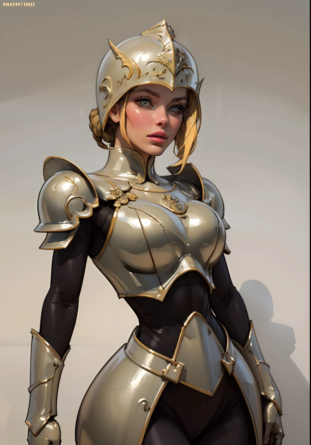 Gray clay style,(masterpiece, best quality), Grayscale,a woman in armor, full armor,helmet,armor,extra arms,breastplate, dark brown skin tone, platinum blonde hair, hair under helmet, pixiecut, dainty, slim helmet, perfect face, pretty face, lush detail,