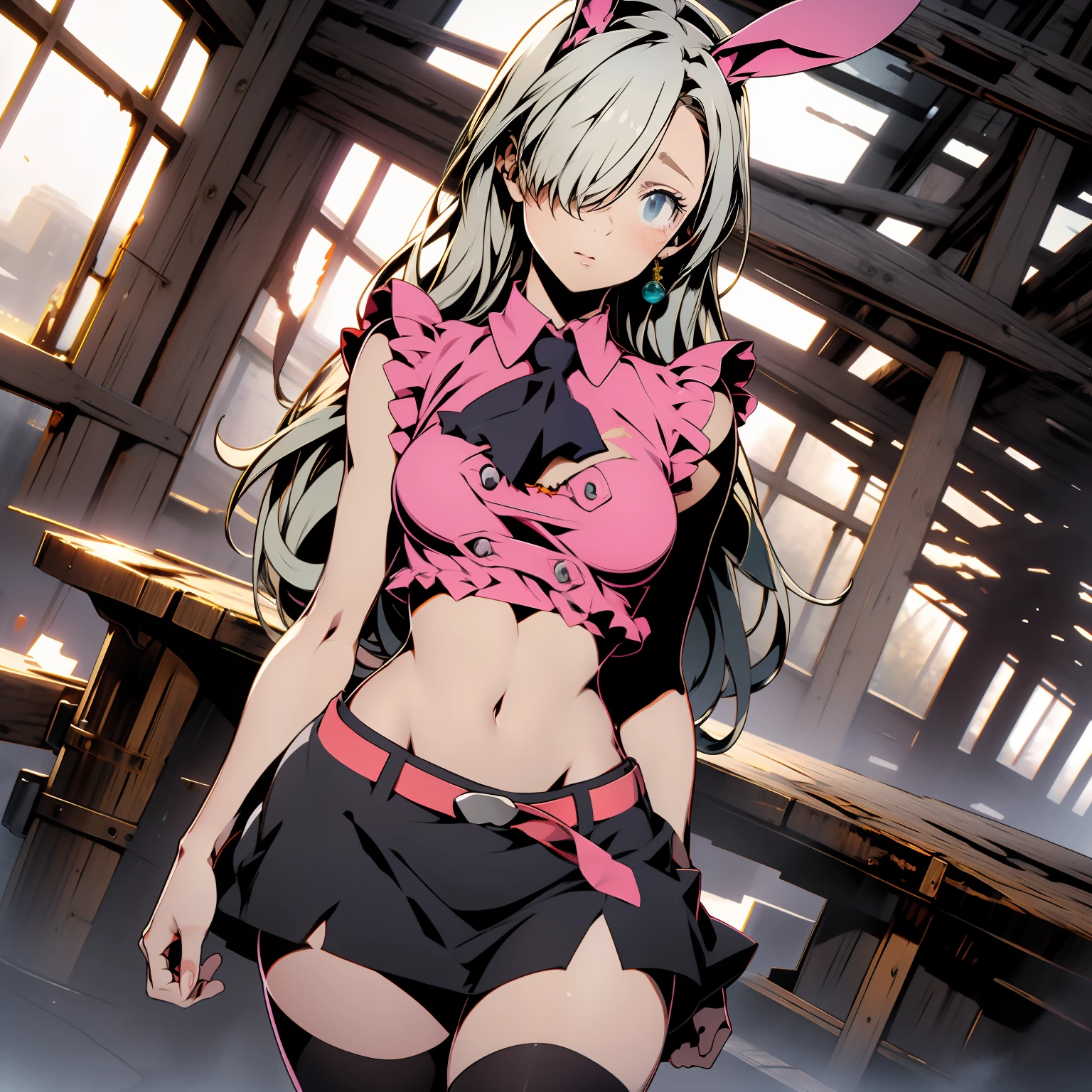 BREAK (best quality), (masterpiece), 1girl, torn clothes, (torn) playboy bunny, photo session, fishnet legwear,  arms behind back, hmeliza, 1girl, hair over one eye, jewelry, single thighhigh, midriff, black skirt, asymmetrical legwear, pink shirt, black thighhighs, belt, miniskirt