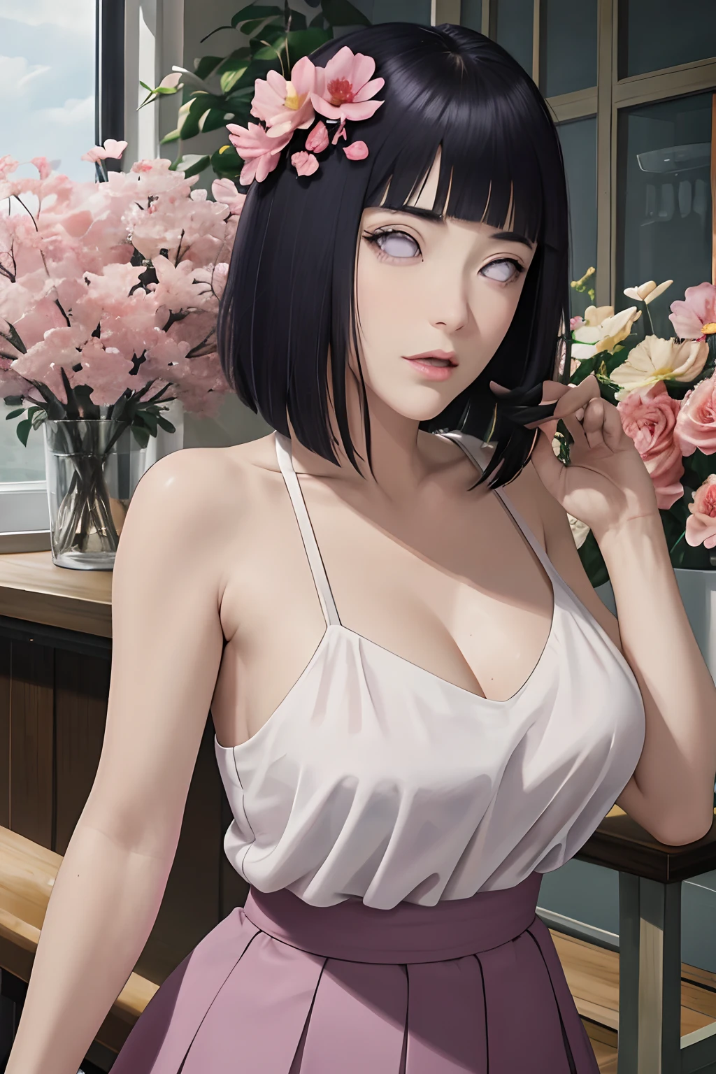 masterpiece, absurdres, hinata\(boruto\), 1girl, solo,mature female, off-shoulder strap bra, high waist short skirt, looking at viewer, (falling petals), perfect composition, detailed lips, big breast, beautiful face, body propotion, blush, (pink lips), long hair, purple eyes, soft gaze, super realistic, detailed, photoshoot, realistic face and body,