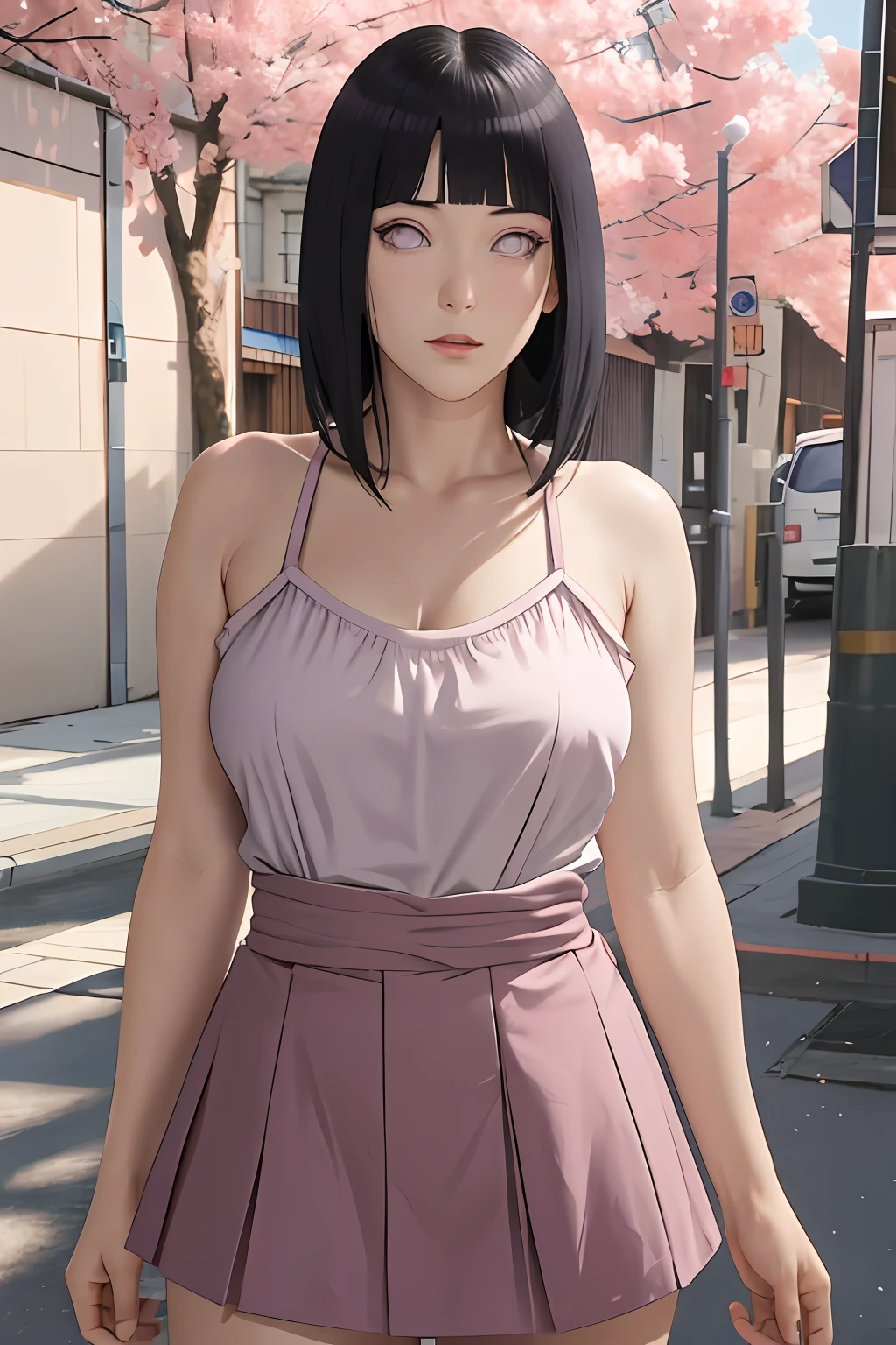 masterpiece, absurdres, hinata\(boruto\), 1girl, solo,mature female, high waist short skirt, looking at viewer, perfect composition, detailed lips, big breast, beautiful face, body propotion, blush, (pink lips), long hair, purple eyes, soft gaze, super realistic, detailed, photoshoot, realistic face and body,