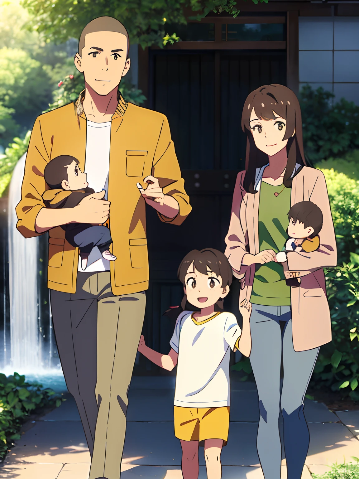 shinkai makoto, kimi no na wa., family of four,1boy, buzzcut, brown jacket, open clothes, white shir, grey pants, dad, 1girl, bangs, Brown eyes, waterfall braid, red ribbon, long hair, light pink cardigan, open clothes, yellow shirt, orange pants, carrying child, mother, busband and wife, 2 childs, daughter and son, 1girl, , small height, bangs, brown hair, ponytail, red ribbon, open mouth, smile, looking at viewer, shorts, shirt, jacket, 1boy, childll height, buzzcut, brown eyes, close mouth, yellow jacket, green pants, family, family photo, cute adorable