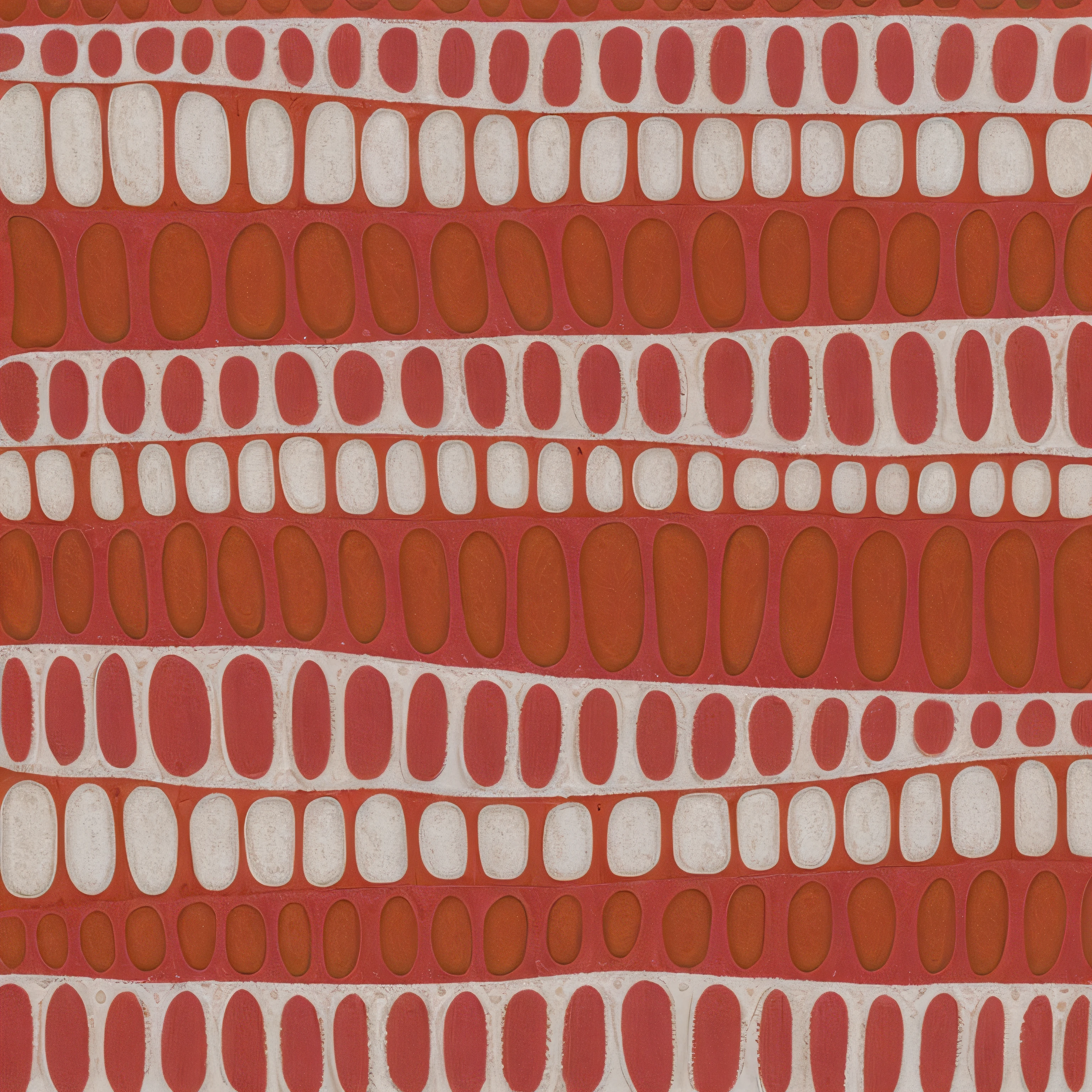 a close up of a red and white patterned fabric with circles, melting in coral pattern, textile seamless print, abstract painting seamless fabric texture, red fabric, synthetic polymer paint on linen, inspired by Saitō Kiyoshi, seamless textile, aboriginal art, by Yayoi Kusama, inspired by Yayoi Kusama, inspired by Jakob Emanuel Handmann, by Yayou Kusama