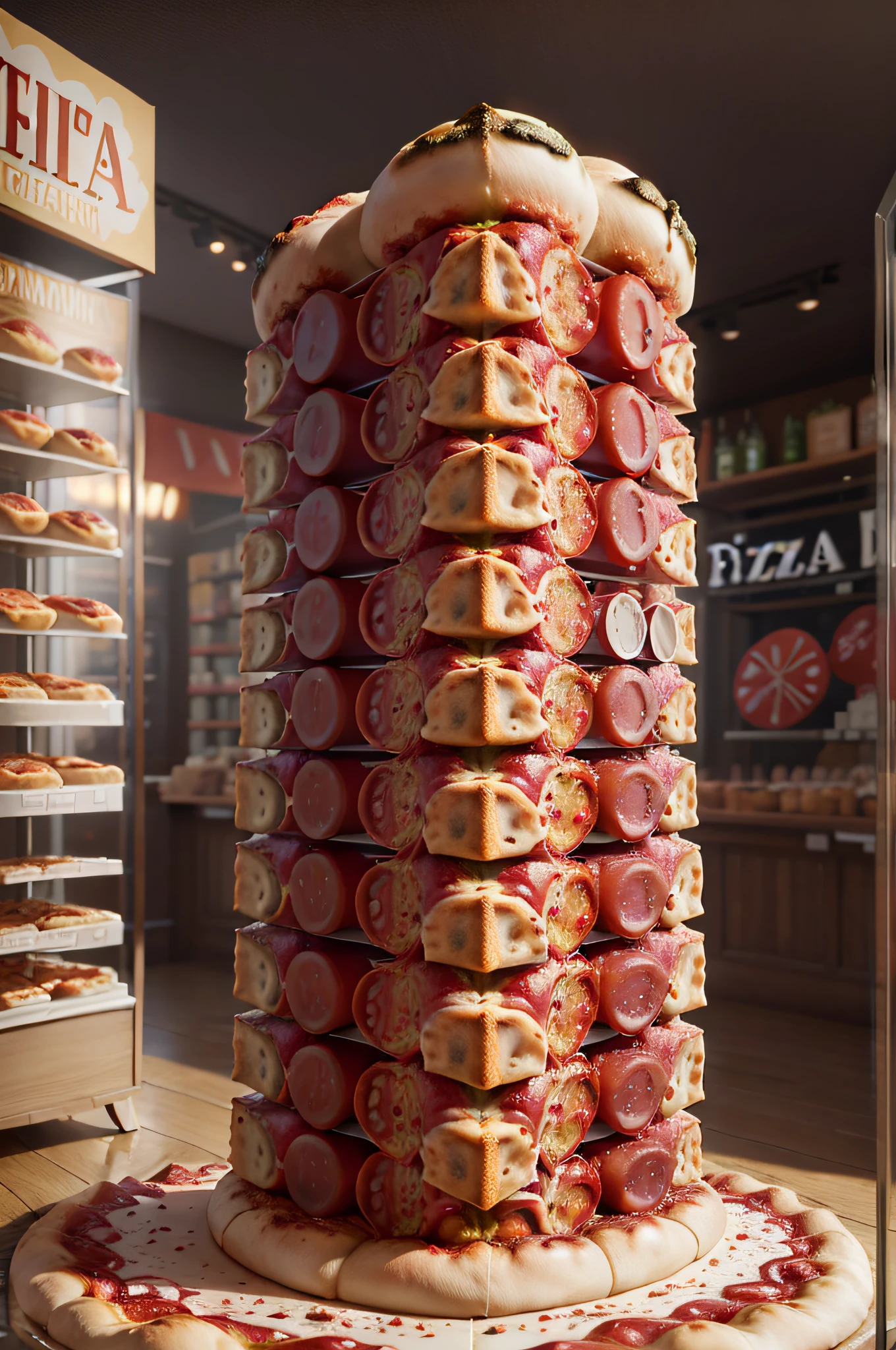 There are many different types of pizzas on display in a store, Realista Cinematic,  conceitual, imagem de comida super realista, pizza a cabana, Mulher, padaria, loja altamente detalhada, pizza, um hiper realista, A torre inclinada da pizza, product exhibition, pizza is everywhere realistic Cinematic, pizza italiana, 3 dmax, Alimentos comerciais 4K Realista Cinematic, Directed by: Nikola Avramov, product render