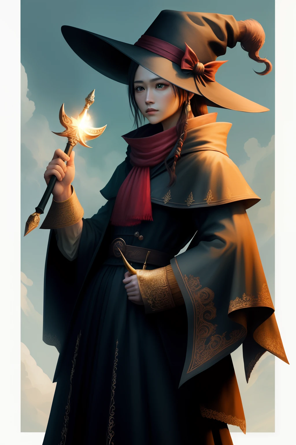 high-level image quality、hightquality、Photo quality、Final Fantasy、sorcerer、Big hat、1womanl、Holding a wand、