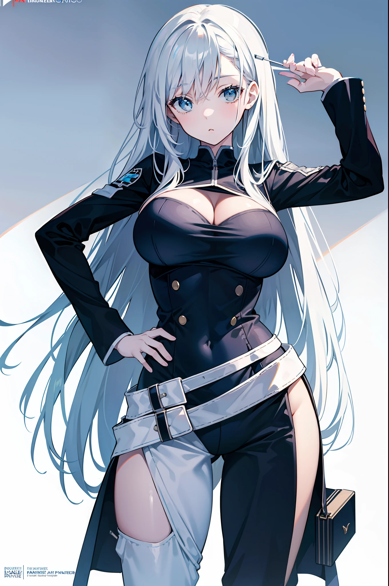 Standing painting,poster for,Minimalist style,whaite hair,Lori huge breasts cleavage,adolable,lounge suit,white colors,simplebackground,2D,no gradien,tmasterpiece,anime big breast,Very delicate face,Blue-eyed