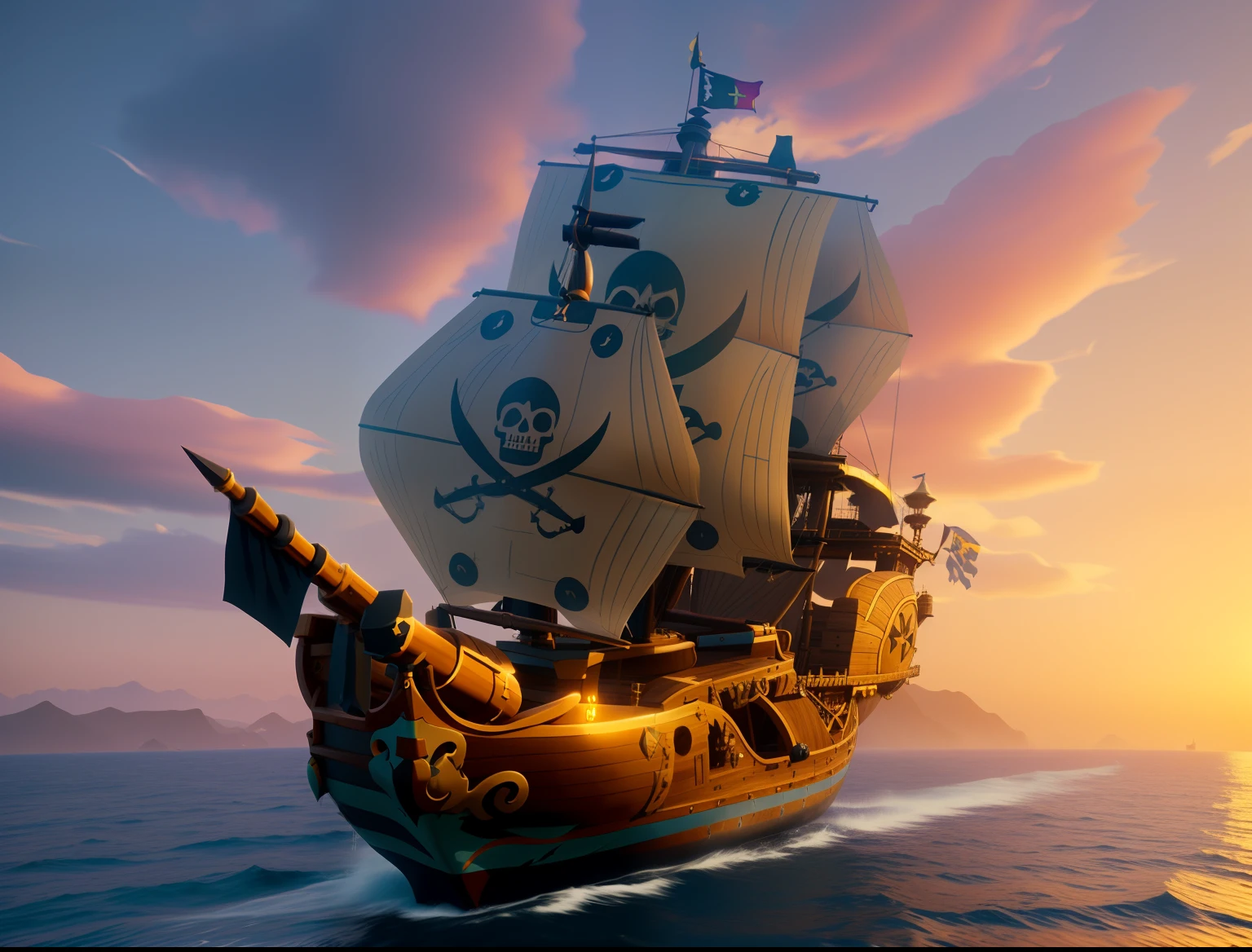 There is a pirate ship,It has a skull and crossbones, Pirate ship, old pirate ship, pirate ships, pirate, swashbuckler class pirate, a pirate, an impossibly huge pirate ship, Skeleton on a pirate ship, 《Sea of Thieves》styled, very very highly detailed, rendered in keyshot, arcane style viking battleship, low poly render