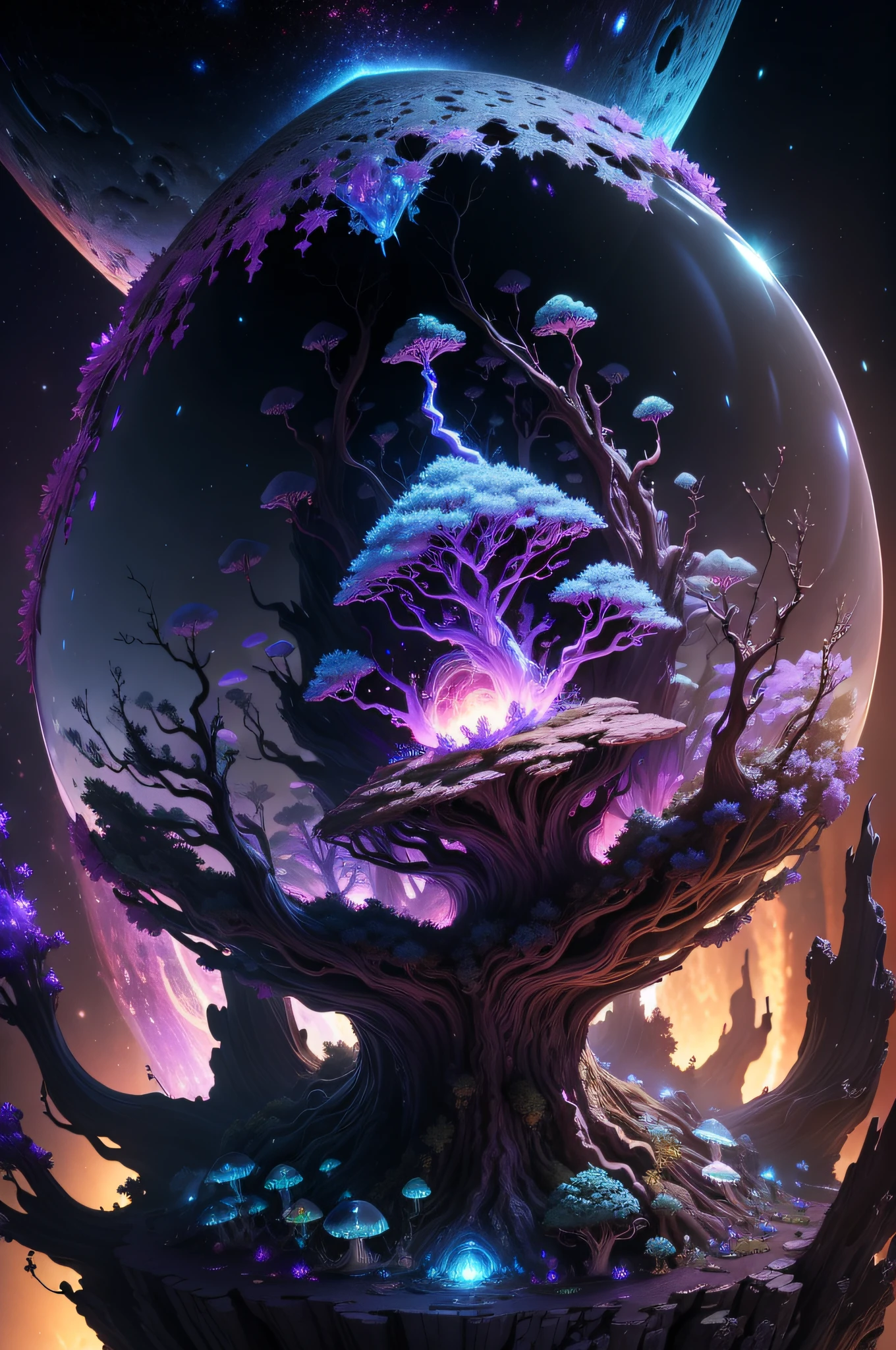 cyberbrain,tree,cybermushroom,galaxy,mandelbulb,fractals space,glow,blue purple lava,siler,bronze,glass, masterpiece, best quality, hyperrealistic,highly detailed,intricate,cinematic,dramatic light,photorealistic,4k, (by mandelbrot), diamond dust bokeh, (by beeple)