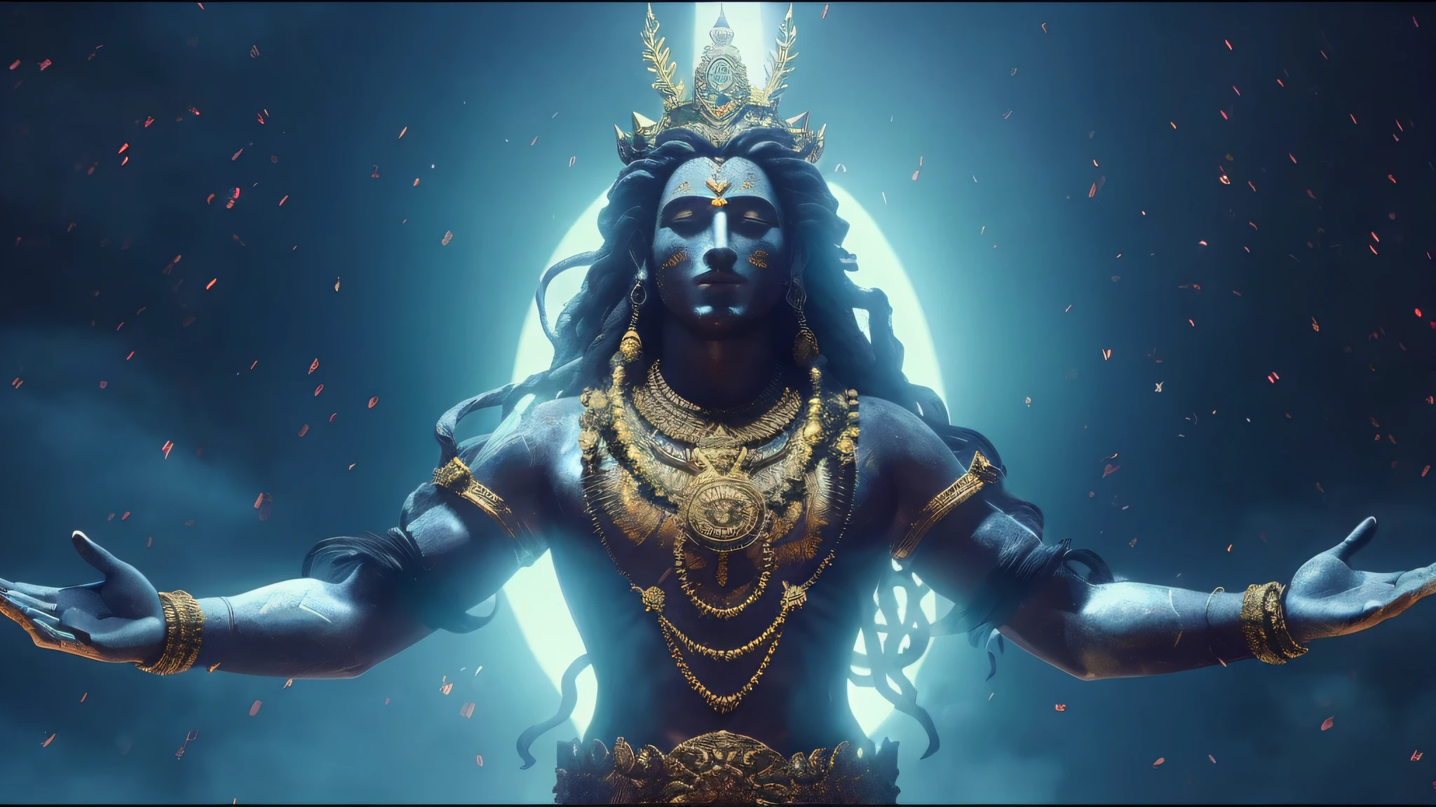 a closeup of a statue of a man with a crown on his head, with realism and perfect hands, deus Shiva, o Destruidor, senhor Shiva, Shiva, Corpo de Deus Hindu Ciborgue, Efeitos visuais impressionantes, cinematic goddess shot, [ cinemactic, Tiro VFX, inspirado em Kailash Chandra Meher, ainda de um filme de fantasia, raio v, efeitos visuais criativos, Um enorme deus gigante celestial, divindade masculina atraente
