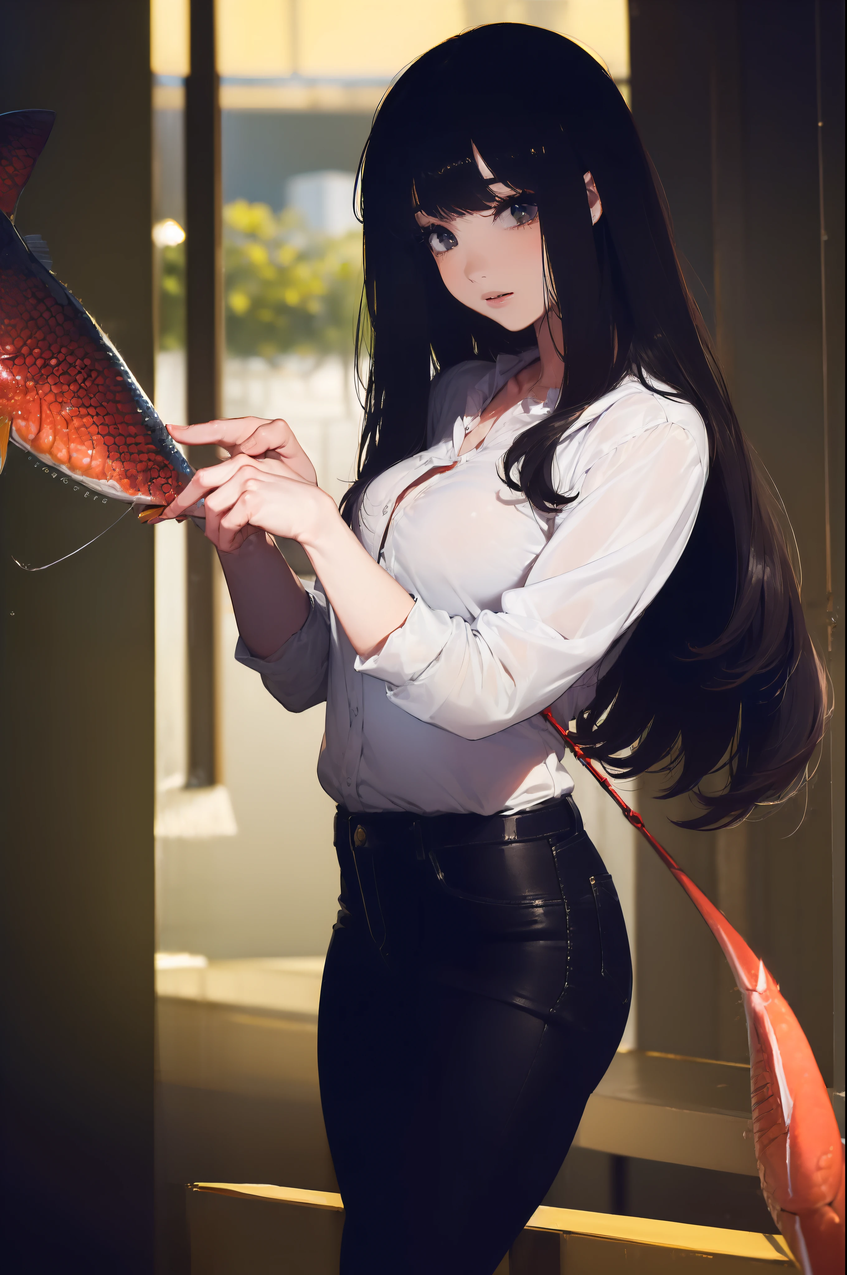 ((((Catching a big fish by the lakeside:1.5)))),((Female 28 years old)),((Best Quality:1.5)),(((Hands with the correct number and structure of fingers:1.4))),((Big fish:1.37)),hight resolution,ultra-detailliert,masterpiece,best qualtiy,(Eight-headed body),Black hair, long eyes-lashes, Solid Circle Eyes, drop shadow, Atmospheric perspective,Super Detail, ccurate, small brest,(Black jacket and black jeans :1.1),top-quality, blurry backround, bokeh dof:1.2, (masterpiece:1.3), Atmospheric perspective,Super Detail,dynamic compositions,