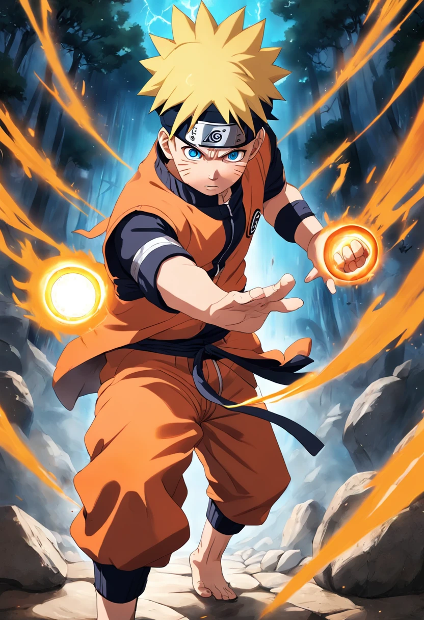 An incredibly detailed illustration of Naruto Uzumaki using his rasengan technique, Combat Position, Corpo inteiro, olhos perfeitos, perfect hands, dedos perfeitos, incredible details, sombras perfeitas, Dynamic background, estilo de desenho hiper-realista.