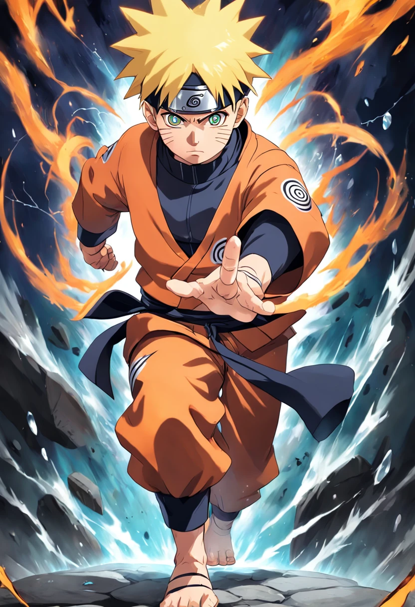 An incredibly detailed illustration of Naruto Uzumaki using his rasengan technique, Combat Position, Corpo inteiro, olhos perfeitos, perfect hands, dedos perfeitos, incredible details, sombras perfeitas, Dynamic background, estilo de desenho hiper-realista.