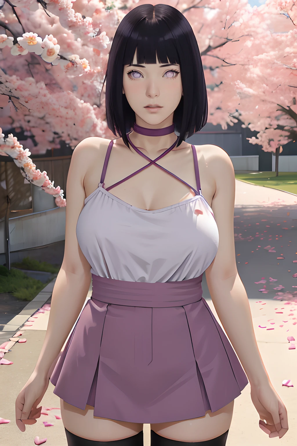 masterpiece, absurdres, hinata hyuga, 1girl, solo,mature female, spaghetti strap top,high waist short skirt, looking at viewer, (falling petals), perfect composition, detailed lips, beautiful face, body propotion, blush, (pink lips), long hair, purple eyes, soft gaze, super realistic, detailed, photoshoot, realistic face and body, detail body, sexual expression, seductive, thighhighs