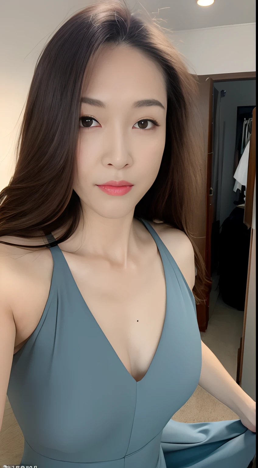 ((Realistic lighting, Best quality, 8K, Masterpiece: 1.3)), Clear focus: 1.2, 1girl, Perfect Body Beauty: 1.4, Slim Abs: 1.1, ((Dark Brown Hair, Big Breasts: 1.3)), (Aqua Dress: 1.4), (Outdoor: 1.1), City Street, Super Fine Face, Fine Eyes, Double Eyelids, Exposed cleavage, , NSFW,