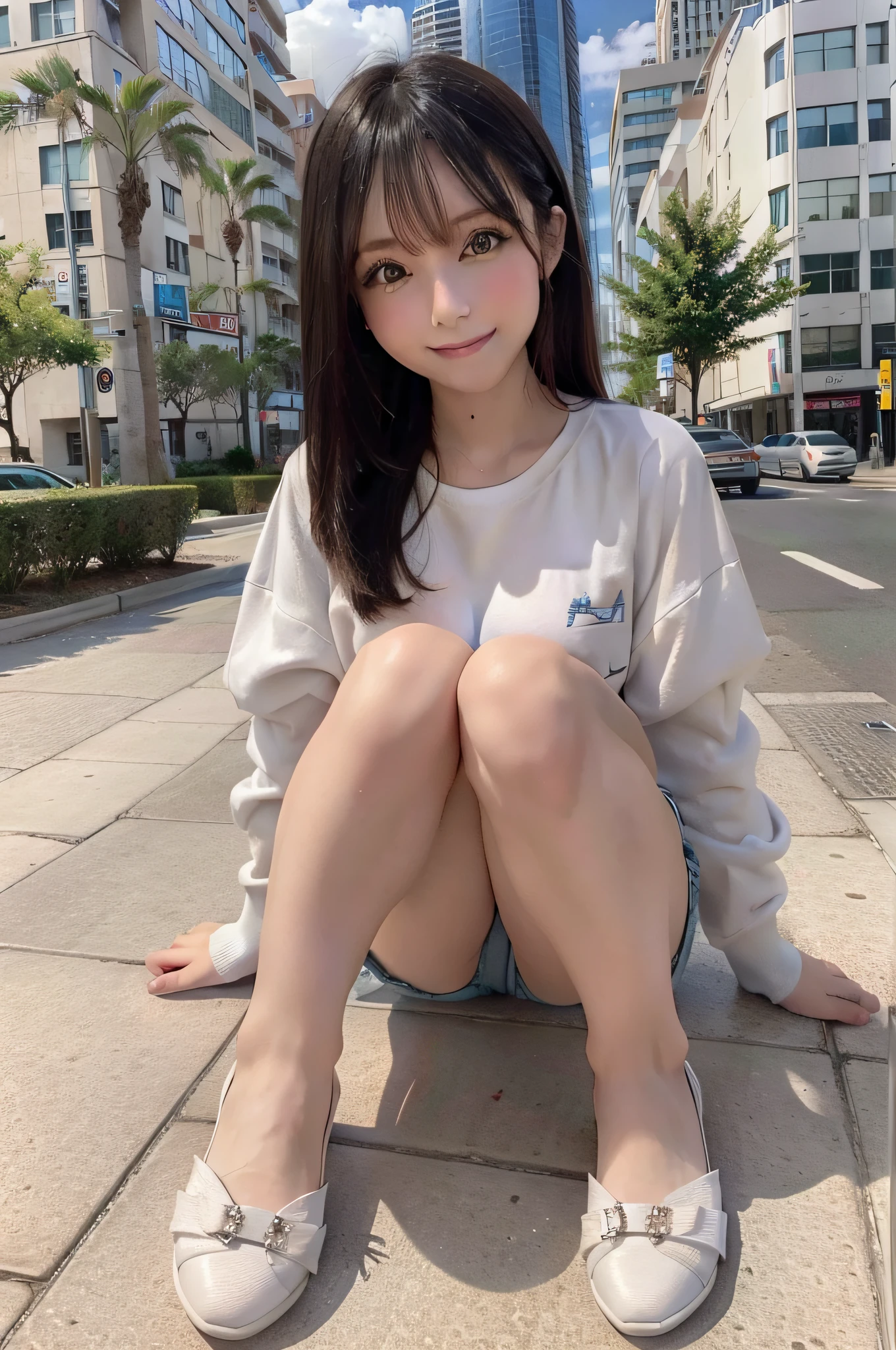 nuvem, GTSCidade, Cityscape, Serras, SHOES, longos cabelos loiros platinados;, olhos verdes, Sorriso, Mamalhuda, boa anatomia, anatomia correta, pisando na cidade, Cidade Stomping, usando sapatos, shoes in tiny town