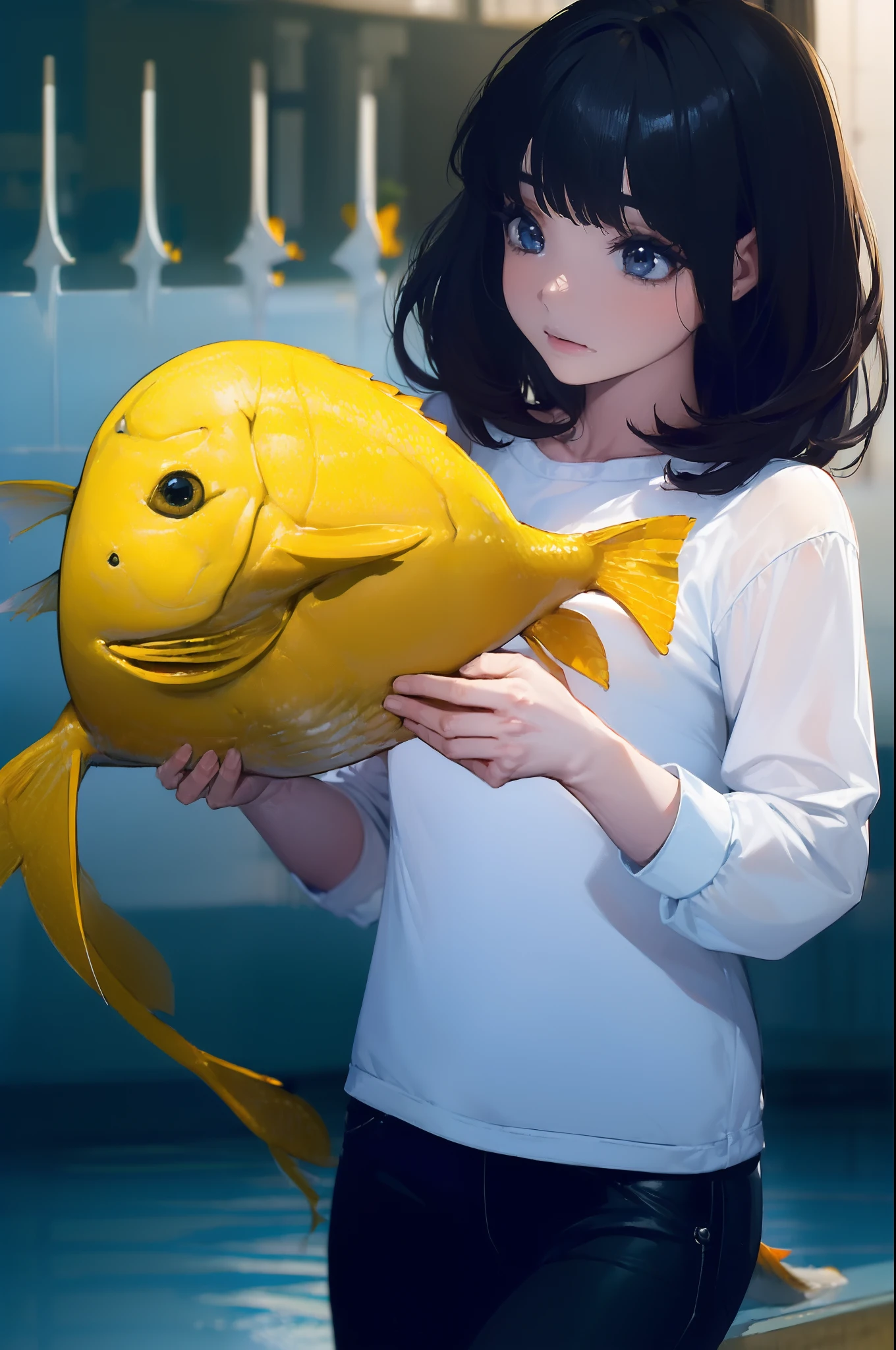 ((((Catching a big fish by the lakeside:1.5)))),((Female 28 years old)),((Best Quality:1.5)),(((Hands with the correct number and structure of fingers:1.4))),((Big fish:1.37)),hight resolution,ultra-detailliert,​masterpiece,best qualtiy,(Eight-headed body),Black hair, long eyes-lashes, Solid Circle Eyes, drop shadow, Atmospheric perspective,Super Detail, ccurate, small brest,(Black jacket and black jeans :1.1),top-quality, blurry backround, bokeh dof:1.2, (​masterpiece:1.3),  Atmospheric perspective,Super Detail,dynamic compositions,