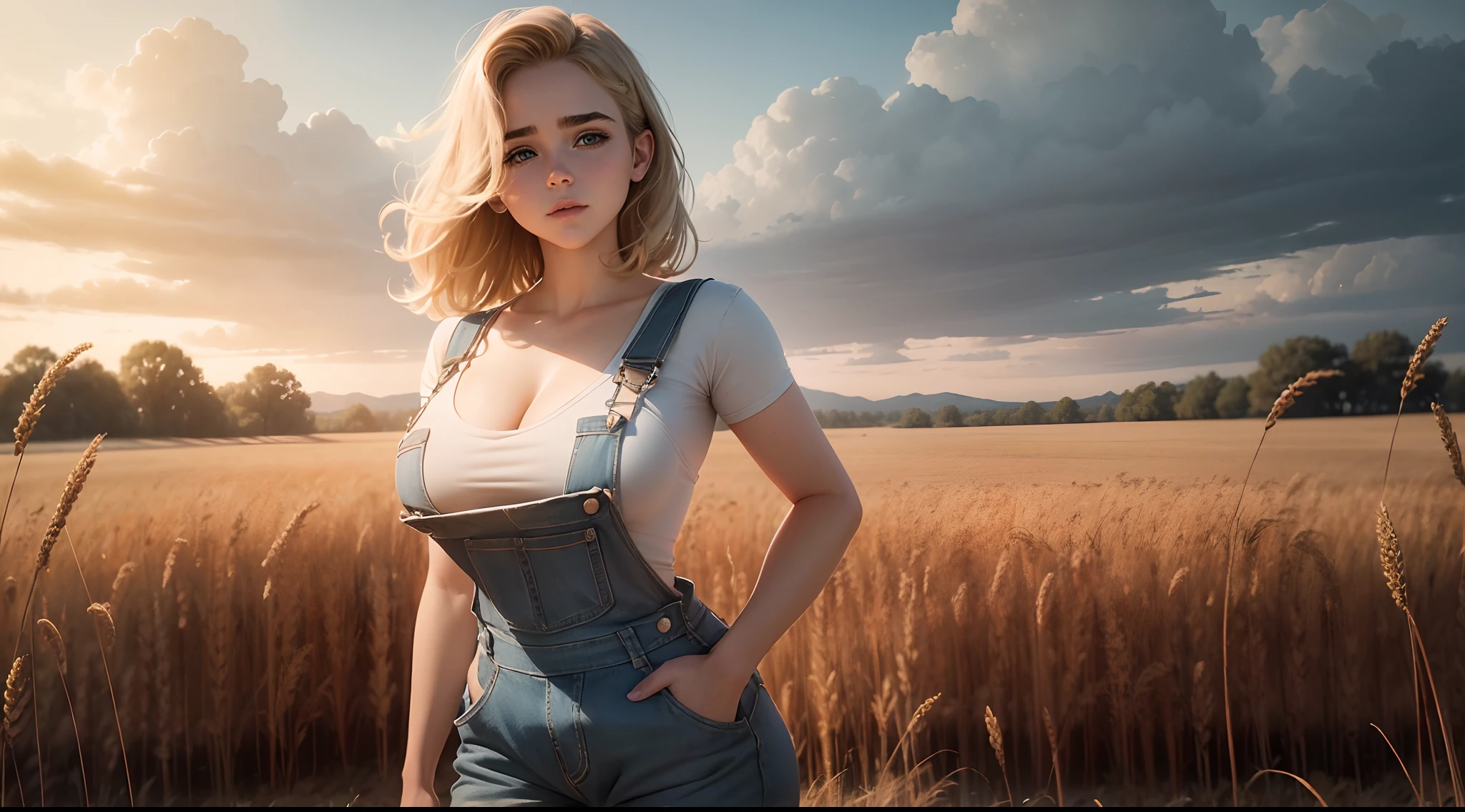 gorgeous voluputous woman ("kiernan shipka"), huge heavy breasts, wide hips,in a wheat field farm, overalls, warm light, ray tracing, backlighting, UHD, anatomically correct, textured skin, super detail, award winning, masterpiece, 8k, best quality