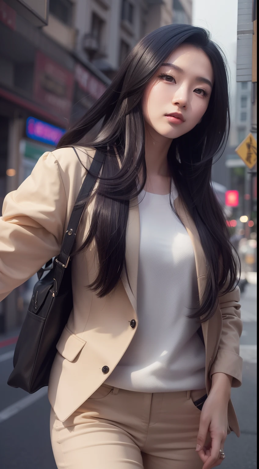 Beautiful 25-year-old Chinese woman,Long straight black hair,Wear professional attire,Walk on bustling city roads,Full body like,super detailing,Cinematic light,depth of fields,Super realistic,Realistic light and shadow
