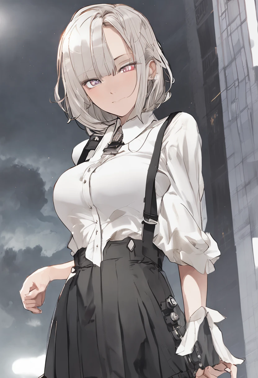 best quality, ultra high res, 1girl, sleeveless white button shirt, black skirt, black choker, cute, (Kpop idol), (aegyo sal:1), (platinum blonde hair:1), ((puffy eyes)), looking at viewer, full body, facing front
