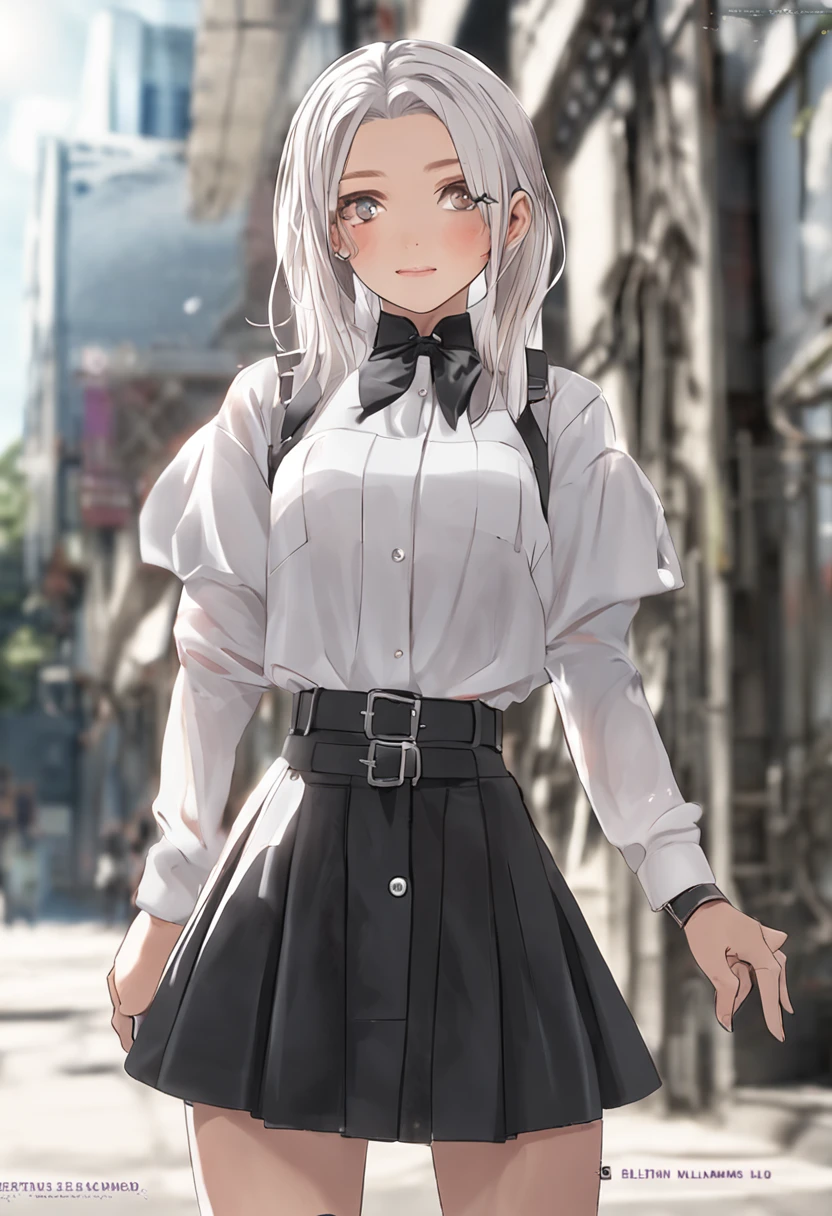 best quality, ultra high res, 1girl, sleeveless white button shirt, black skirt, black choker, cute, (Kpop idol), (aegyo sal:1), (platinum blonde hair:1), ((puffy eyes)), looking at viewer, full body, facing front
