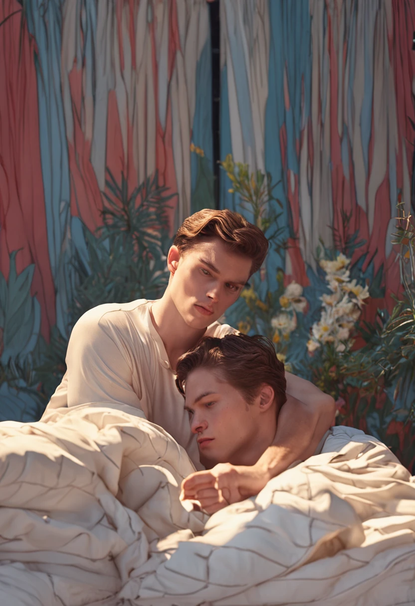 boy,White and tender skin,Face you lying on the bed,Cover with a quilt,Bare ass