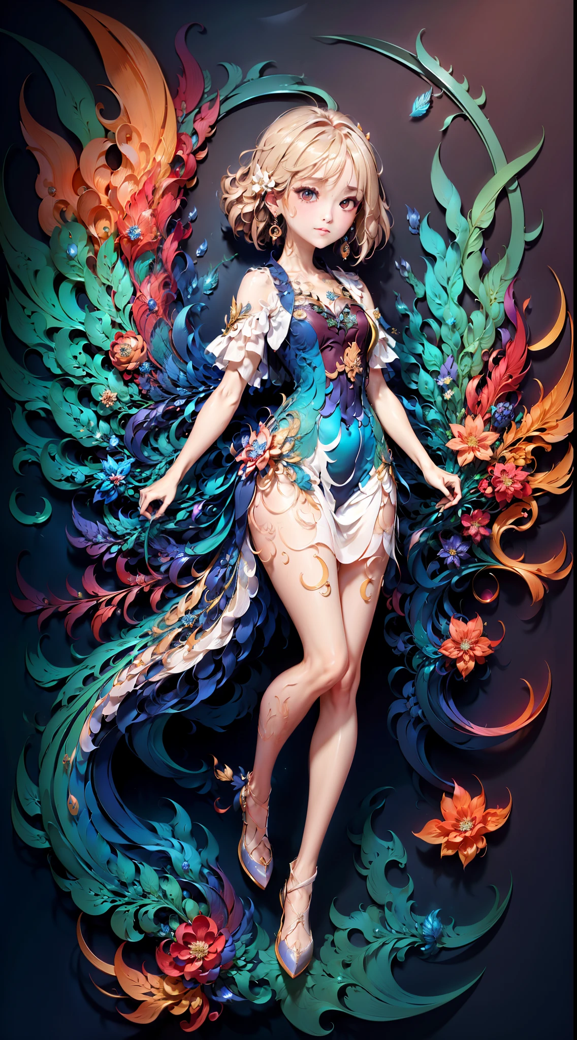 (tmasterpiece,top Quority,best qualtiy,offcial art,Beauty and aesthetics:1.2),(1girll, ),(Translucent colored wings:1.1),(Colorful dresses:1.1)(s fractal art:1.1),Most detailed,full body, (abstract background:1.3), (shiny skin), (many colors:1.4), ,(earrings),(blossoms:1.3),