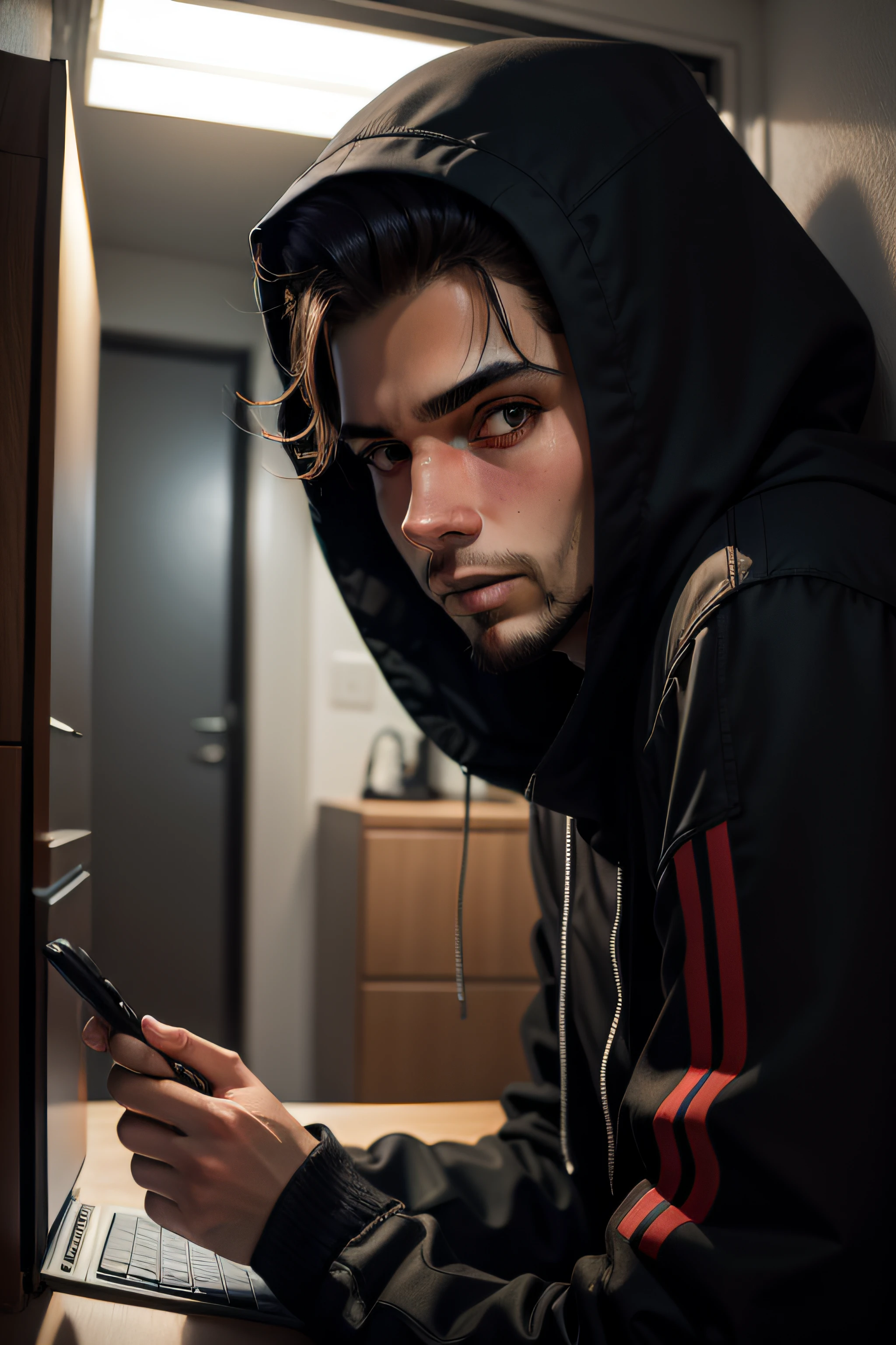 hacker em uma cadeira em um fundo de quarto